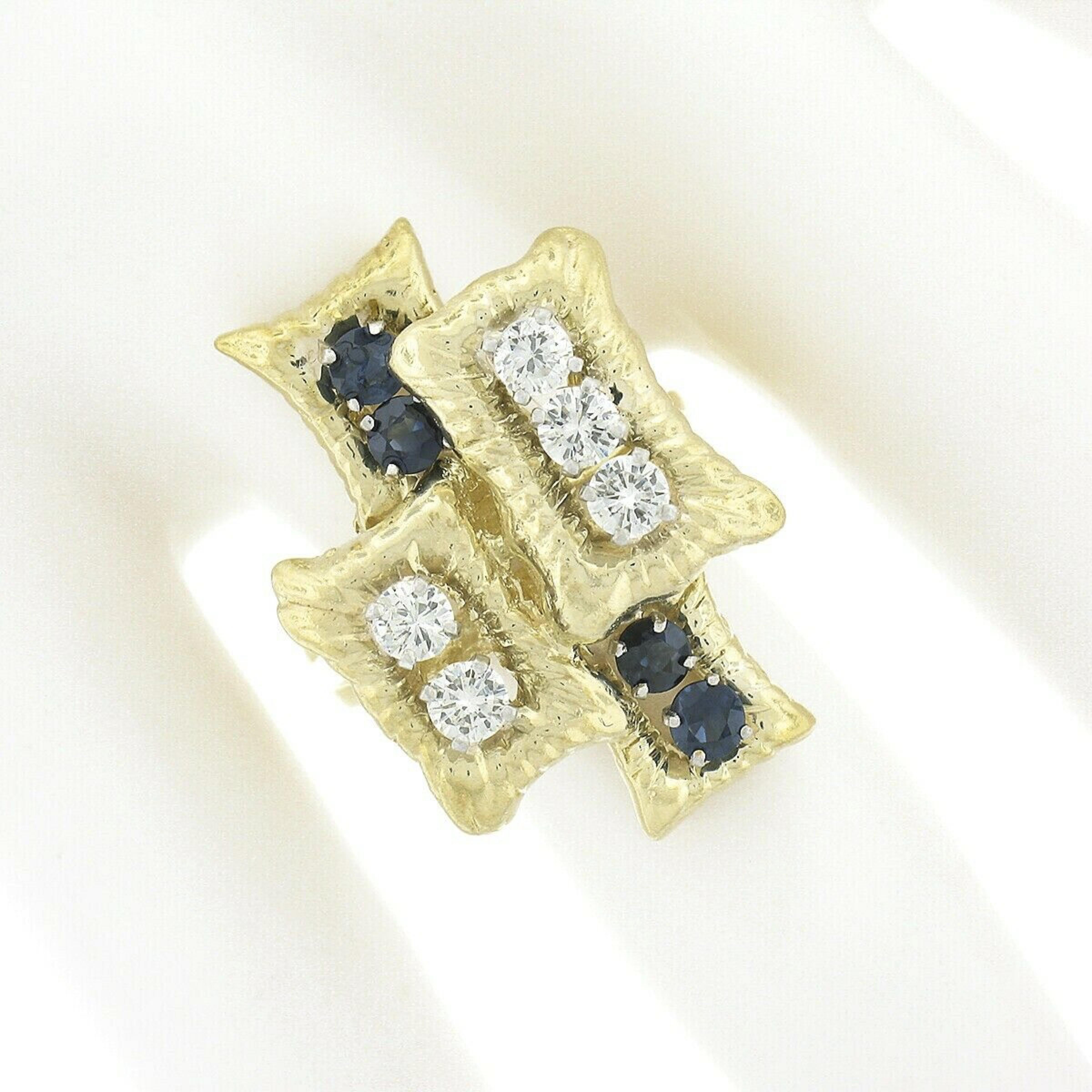 Round Cut Vintage 18K Gold 1.20ctw Diamond Sapphire Textured Tiered Overlap Geometric Ring For Sale