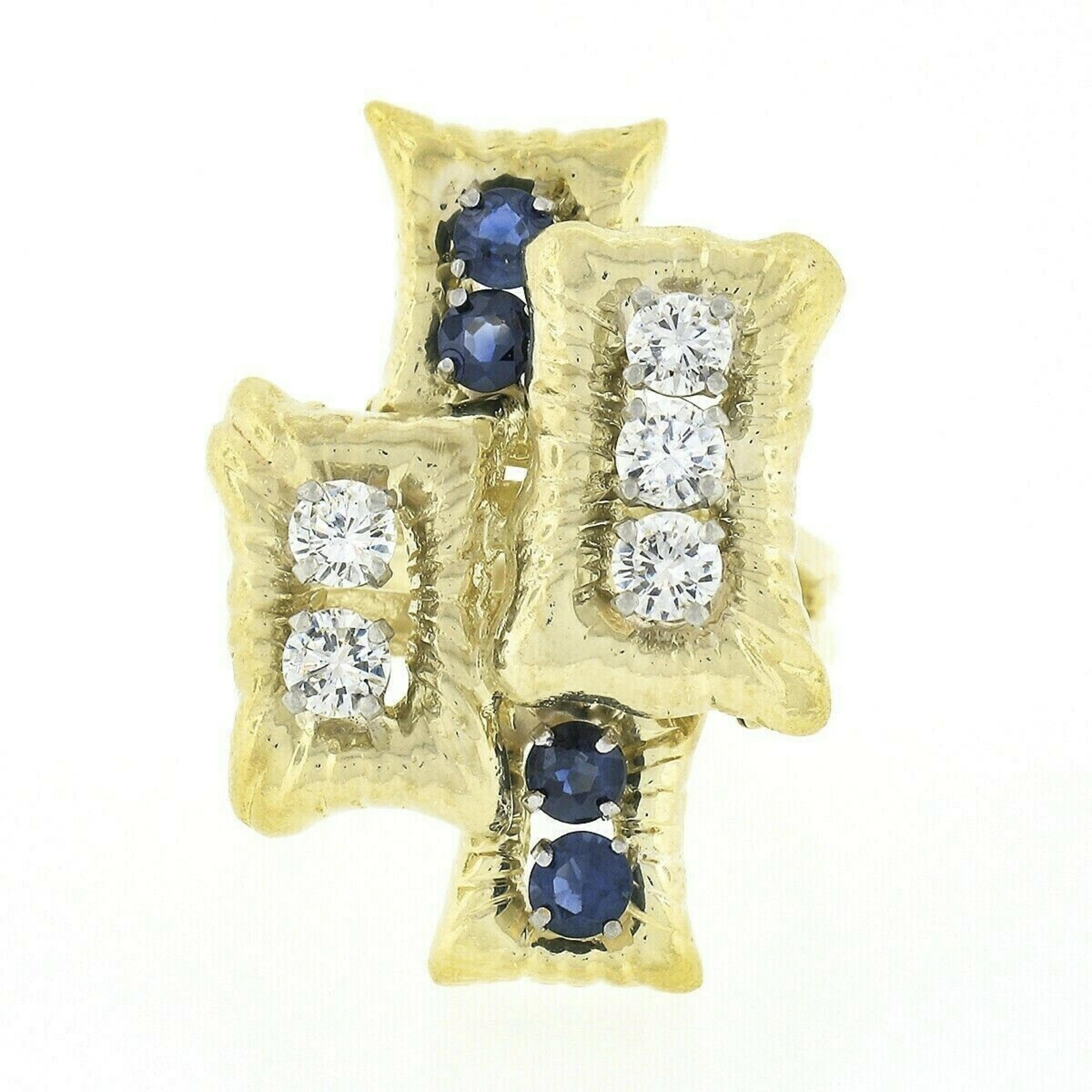 Vintage 18K Gold 1.20ctw Diamond Sapphire Textured Tiered Overlap Geometric Ring In Good Condition For Sale In Montclair, NJ