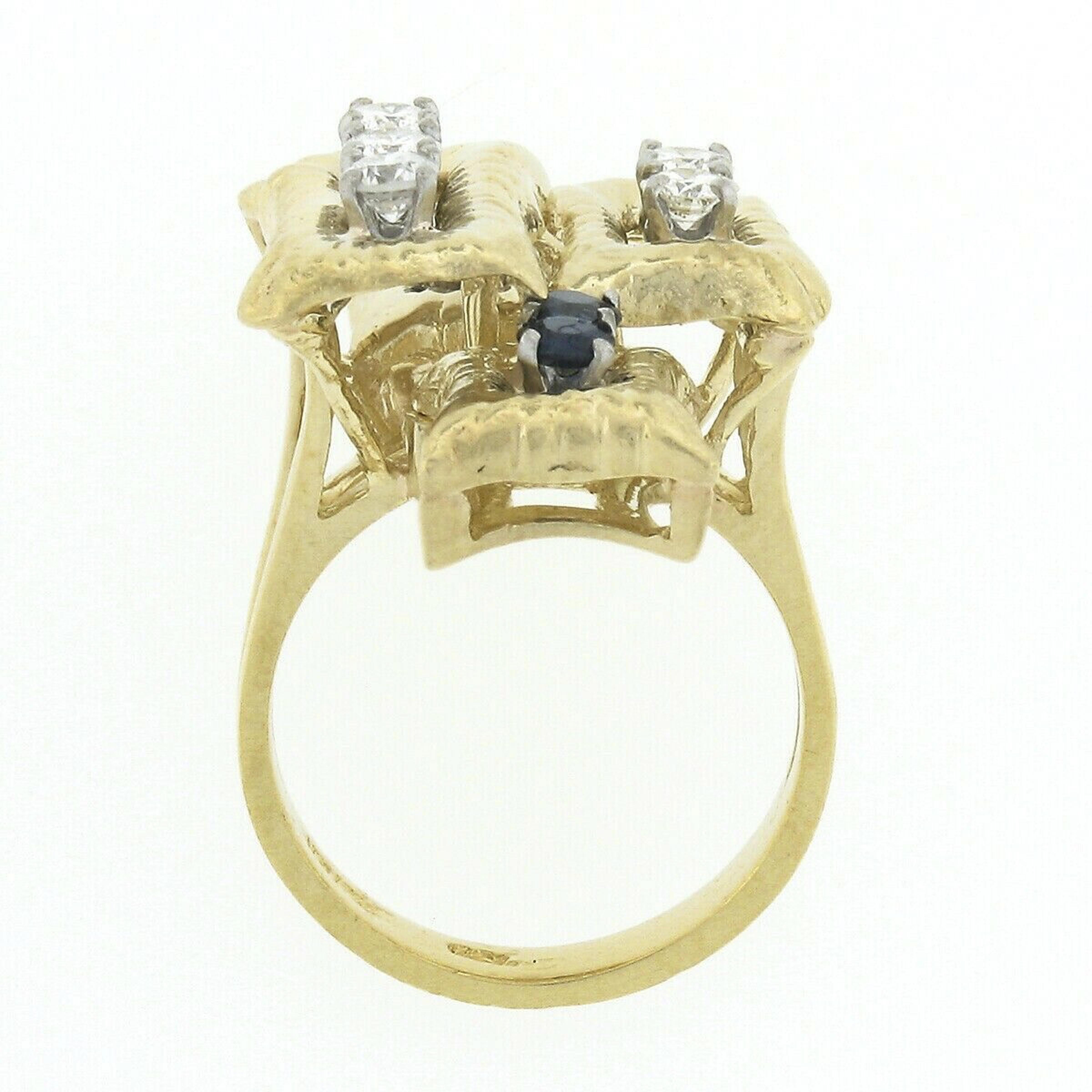 Vintage 18K Gold 1.20ctw Diamond Sapphire Textured Tiered Overlap Geometric Ring For Sale 3