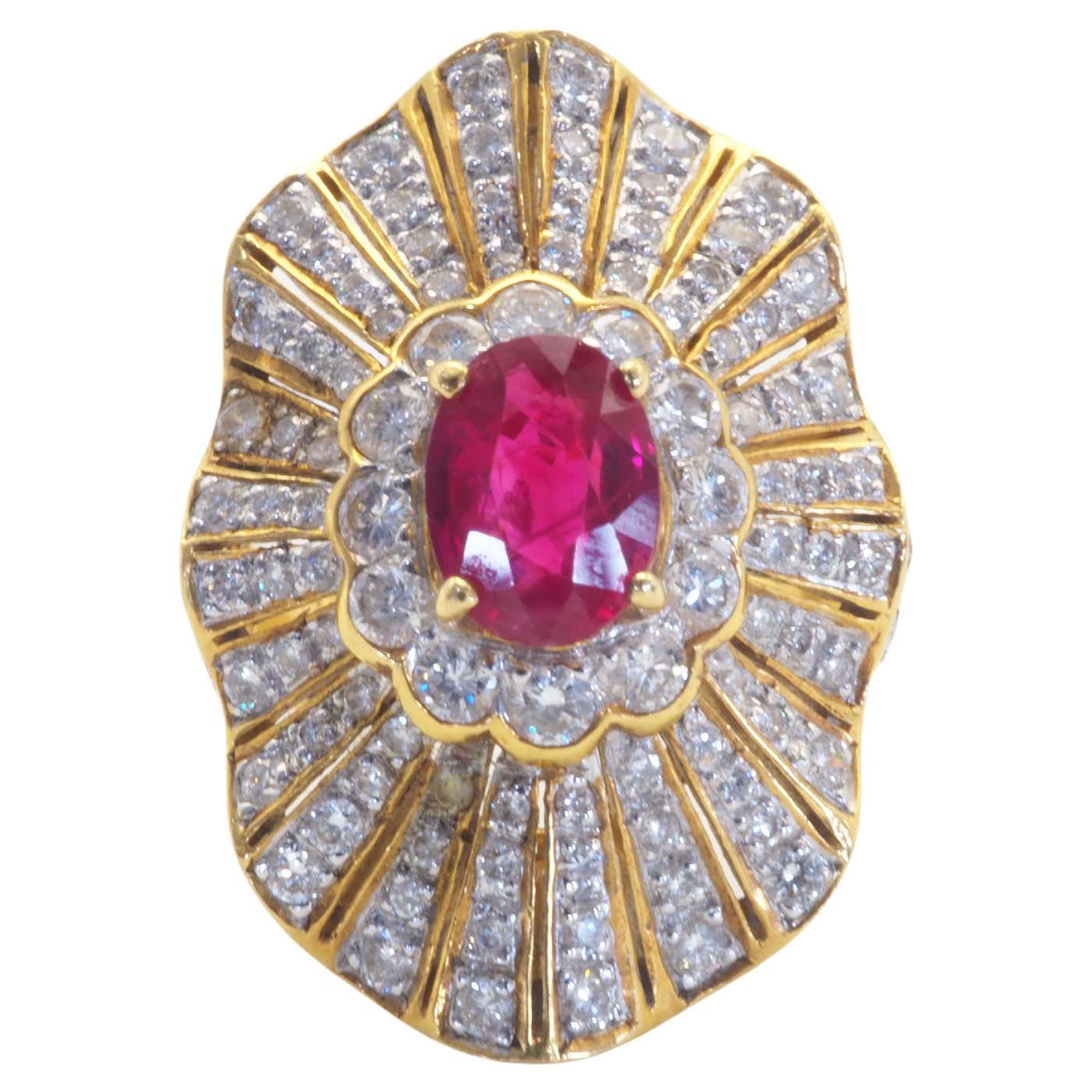 Vintage 18K Gold 1.25ct Oval Red Ruby and 2.44ct Diamond Shield ...