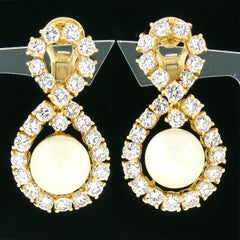 Vintage 18K Gold Pearl 9.5ctw Round Diamond Infinity Figure 8 Drop Earrings