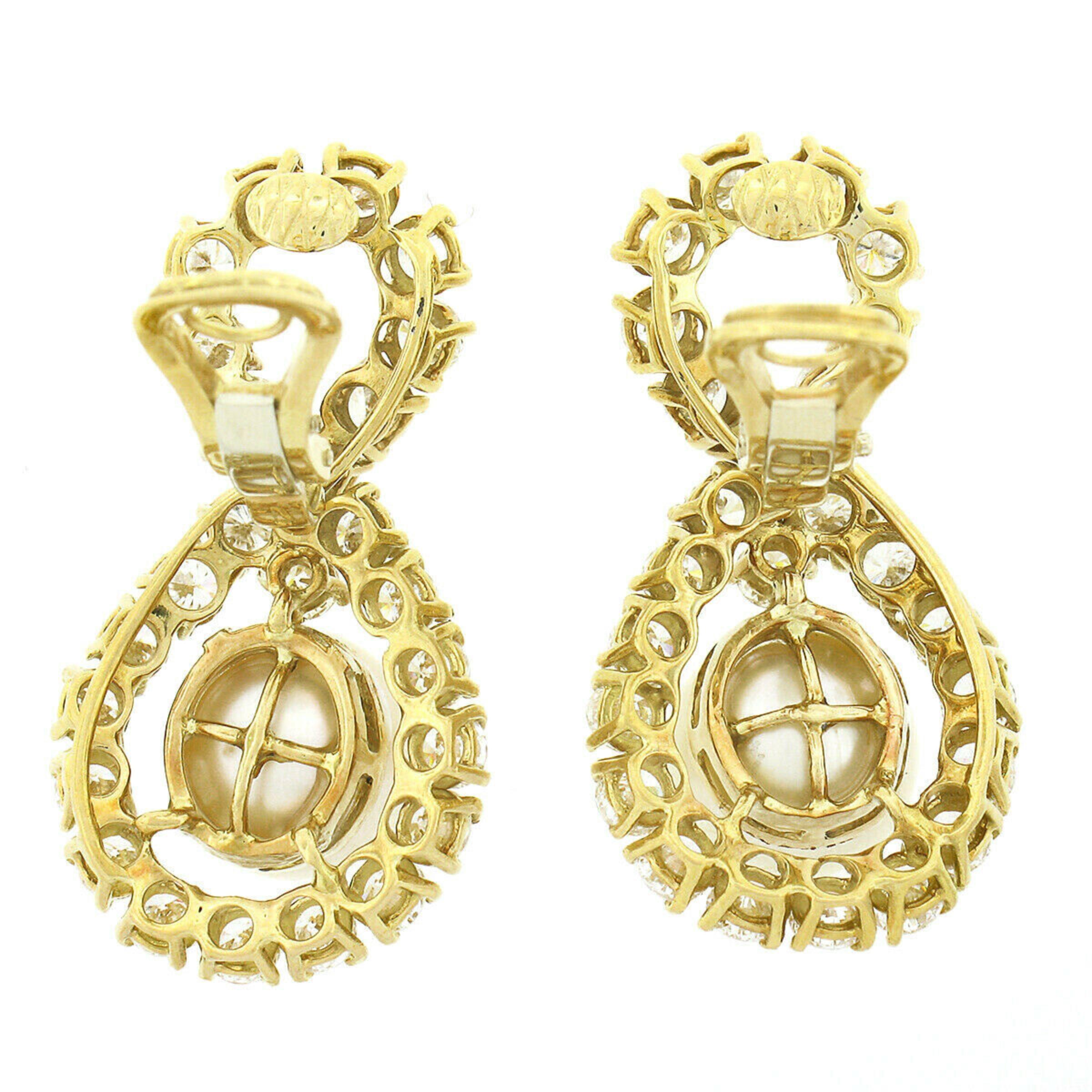 Round Cut Vintage 18K Gold Pearl 9.5ctw Round Diamond Infinity Figure 8 Drop Earrings For Sale