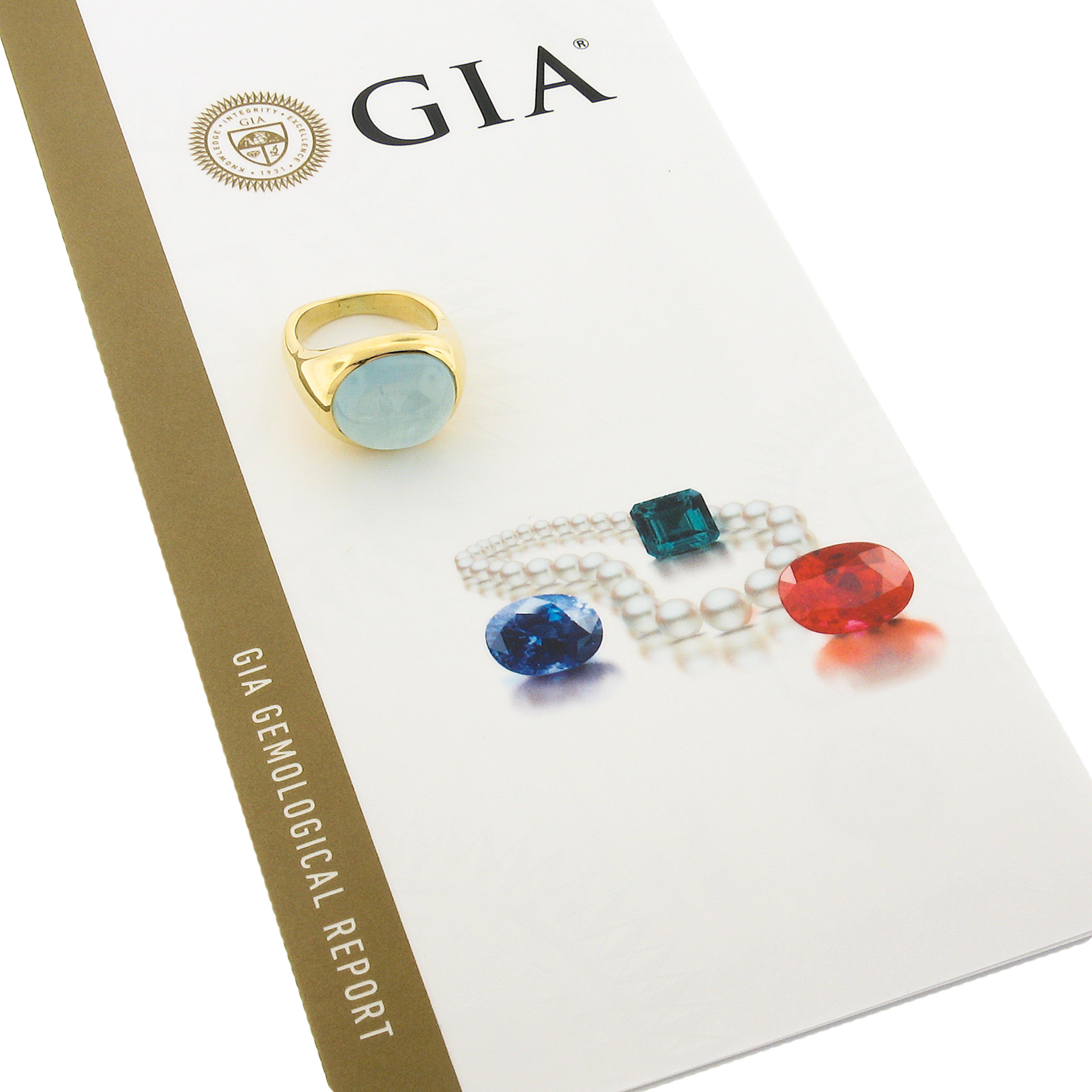 18 Karat Gold 13,60 Karat GIA Oval Cabochon Lünette Set Katzenauge Aquamarin Ring 5