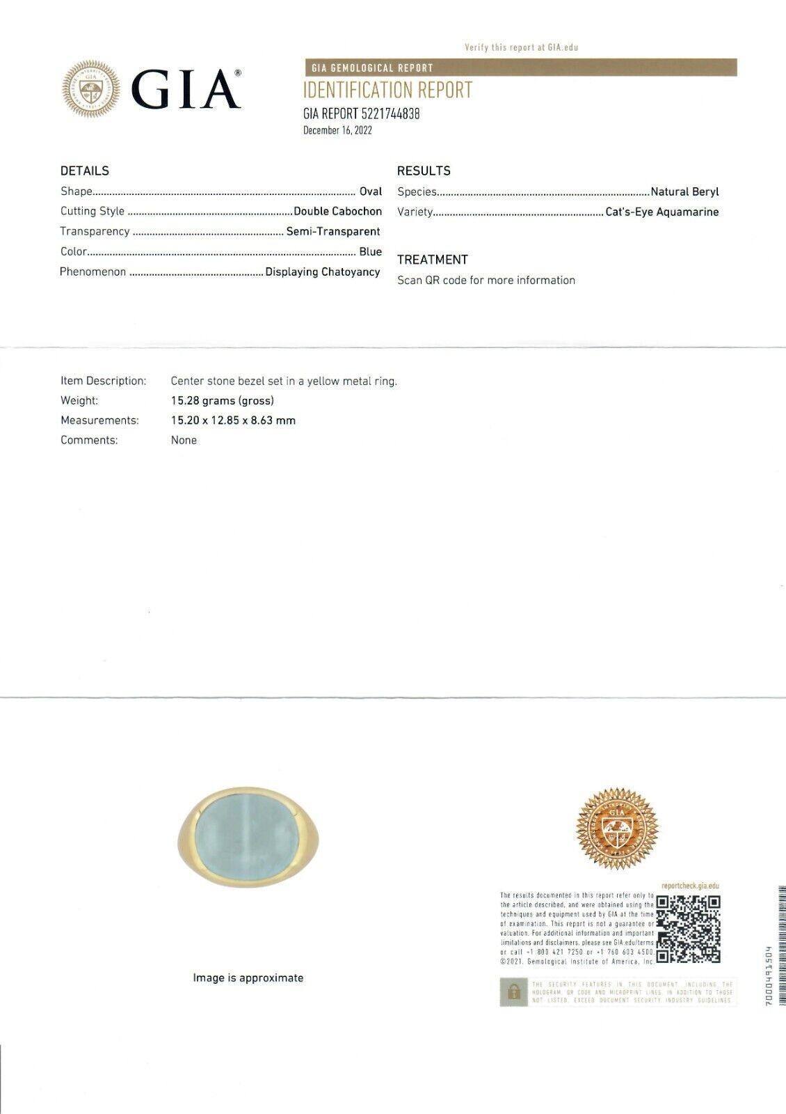 18 Karat Gold 13,60 Karat GIA Oval Cabochon Lünette Set Katzenauge Aquamarin Ring 6