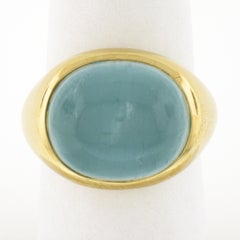 Vintage 18K Gold 13.60ctw GIA Oval Cabochon Bezel Set Cat's Eye Aquamarine Ring