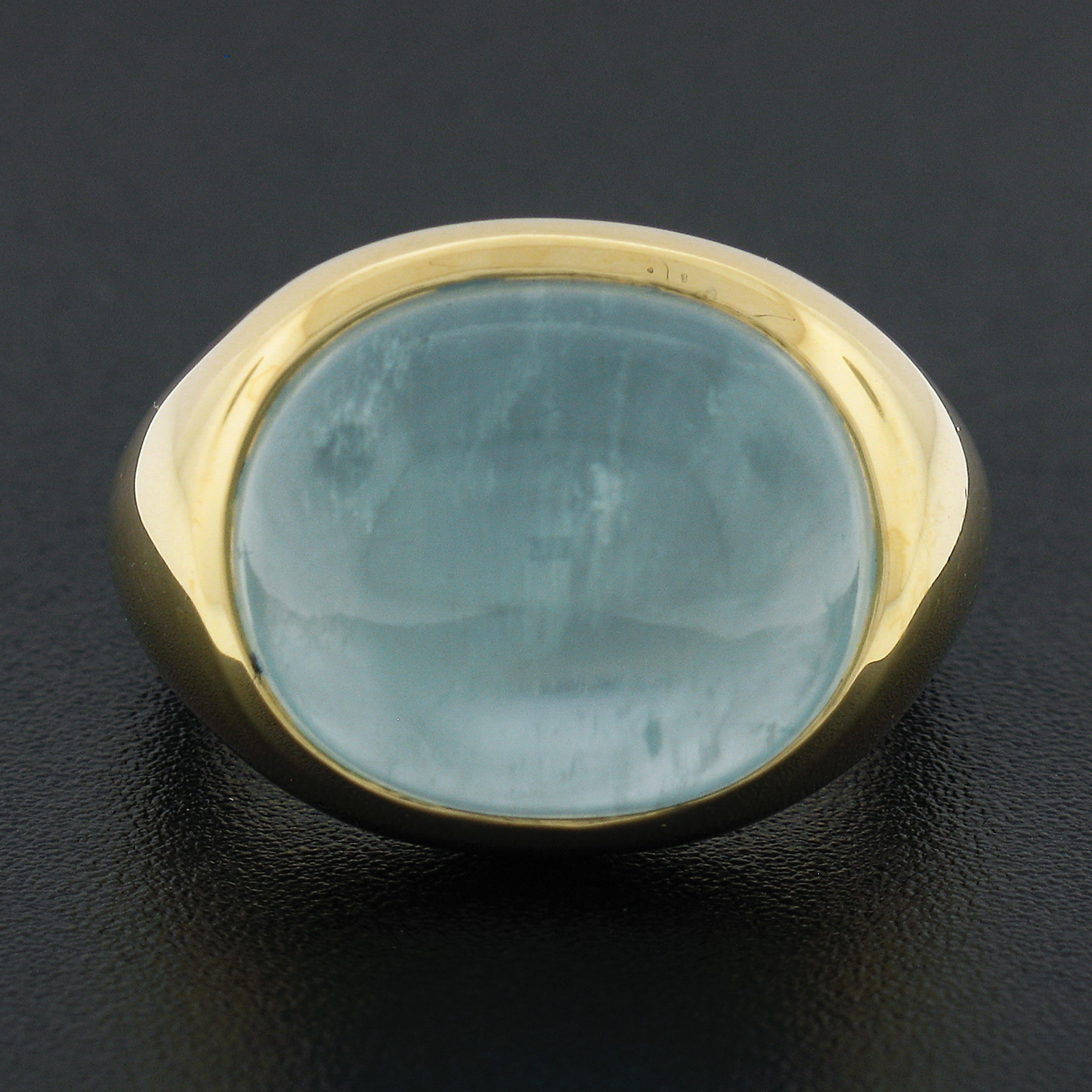 18 Karat Gold 13,60 Karat GIA Oval Cabochon Lünette Set Katzenauge Aquamarin Ring (Ovalschliff)