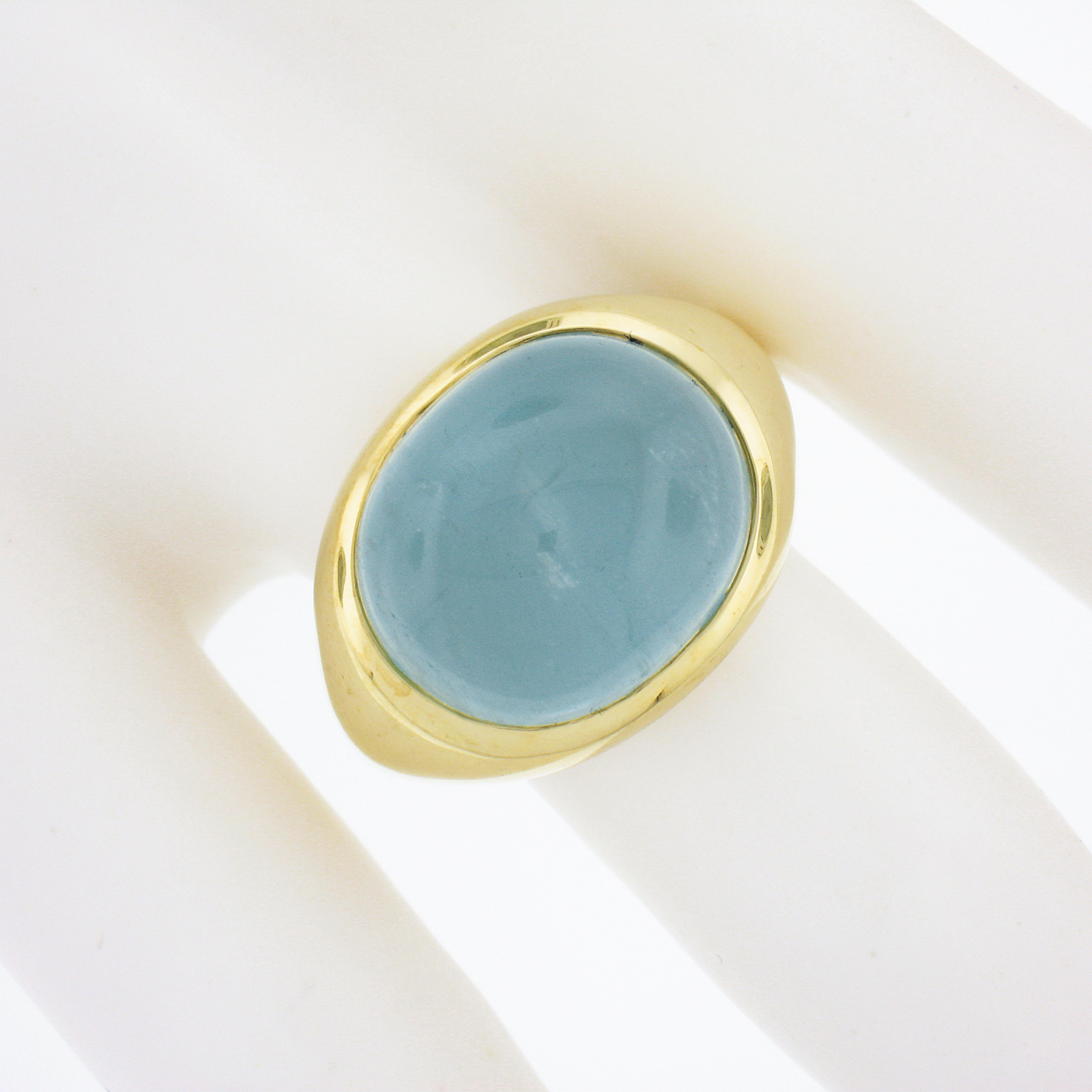 18 Karat Gold 13,60 Karat GIA Oval Cabochon Lünette Set Katzenauge Aquamarin Ring im Zustand „Hervorragend“ in Montclair, NJ