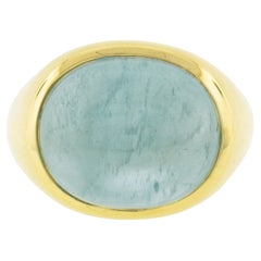 Vintage 18K Gold 13.60ctw GIA Oval Cabochon Bezel Set Cat's Eye Aquamarine Ring