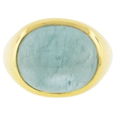 18 Karat Gold 13,60 Karat GIA Oval Cabochon Lünette Set Katzenauge Aquamarin Ring