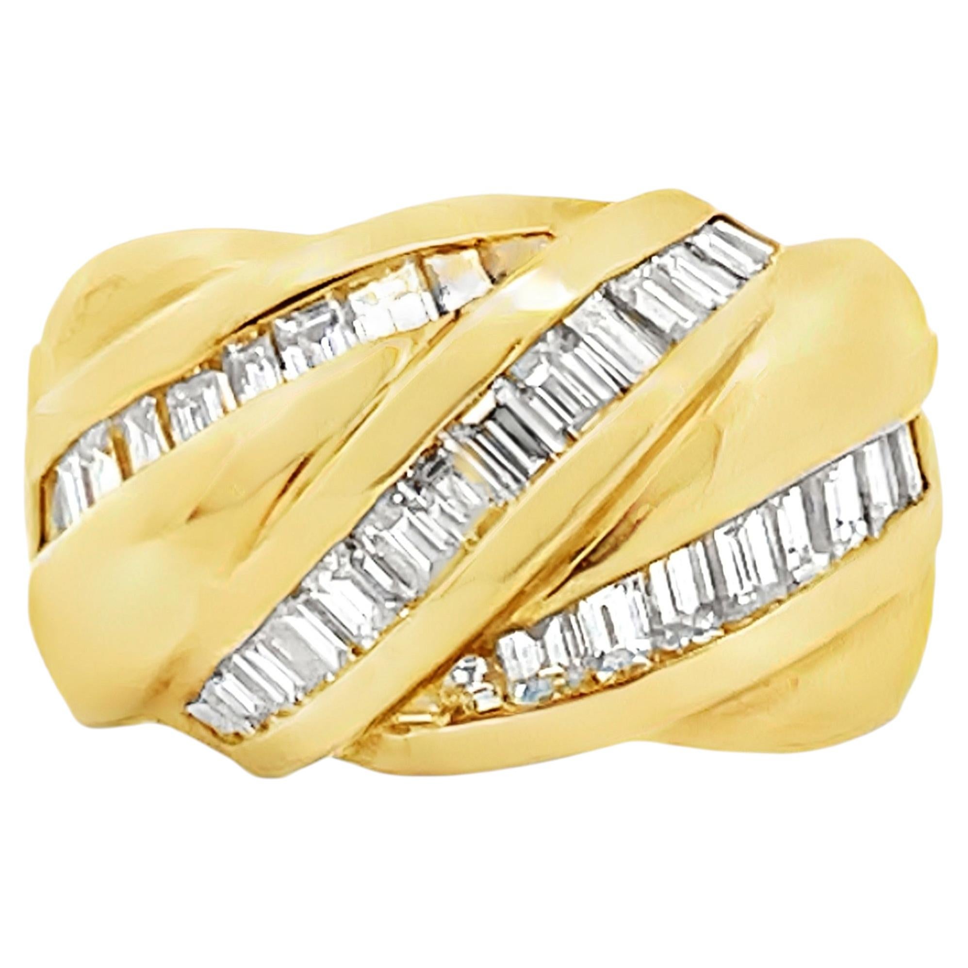 Vintage 18K Gold 1.50 Ct Diamantring mit überlappenden Reihen von Baguette-Diamanten