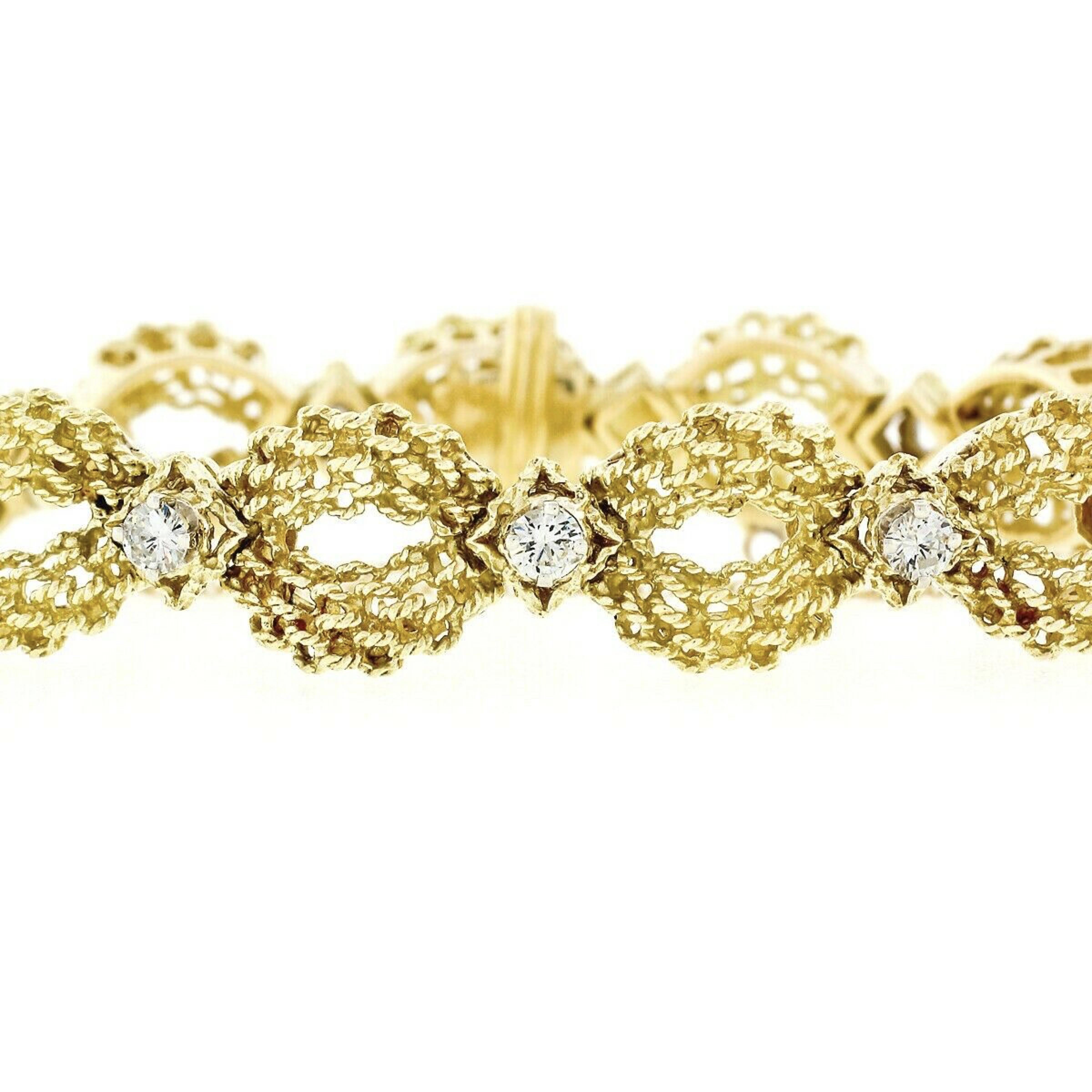 Here we have a breathtaking vintage statement bracelet, crafted in solid 18k yellow gold and features the very fine and highly detailed craftsmanship and is set with 1.51 carats of the top quality diamonds throughout. The bracelet is constructed