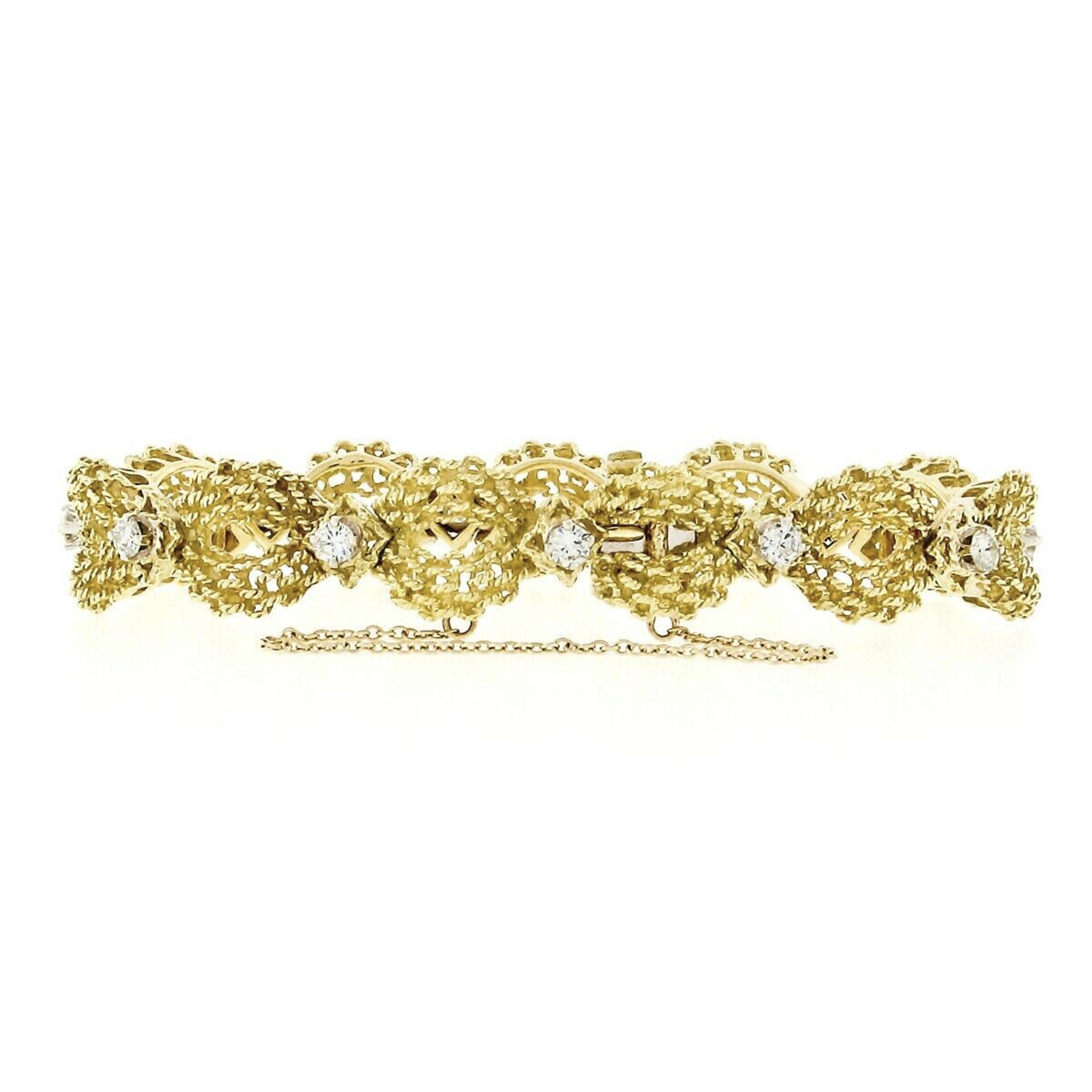 Round Cut Vintage 18k Gold 1.51ct Diamond Twisted Wire Open Puffed Link Statement Bracelet For Sale