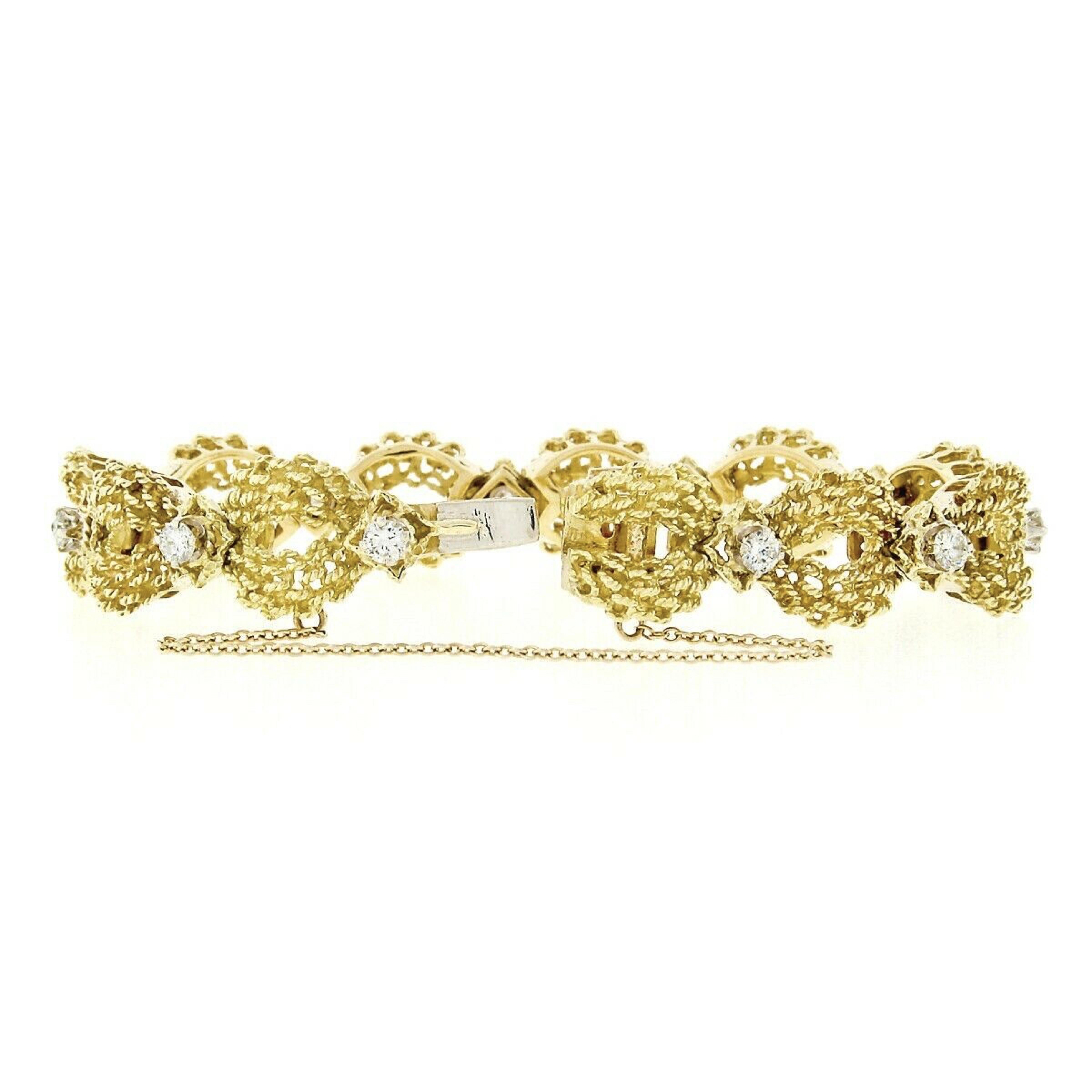 Vintage 18k Gold 1.51ct Diamond Twisted Wire Open Puffed Link Statement Bracelet In Good Condition In Montclair, NJ