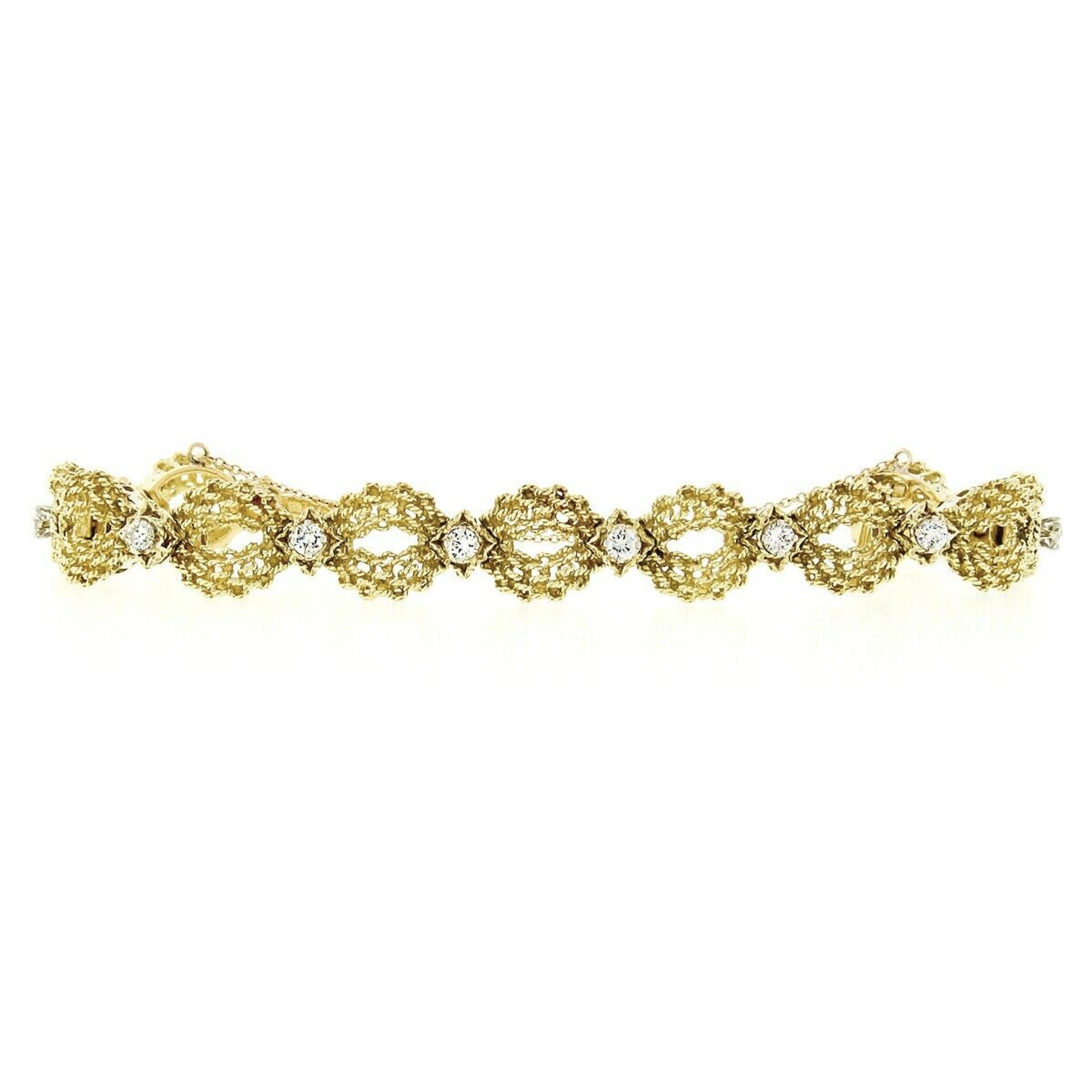 Women's Vintage 18k Gold 1.51ct Diamond Twisted Wire Open Puffed Link Statement Bracelet