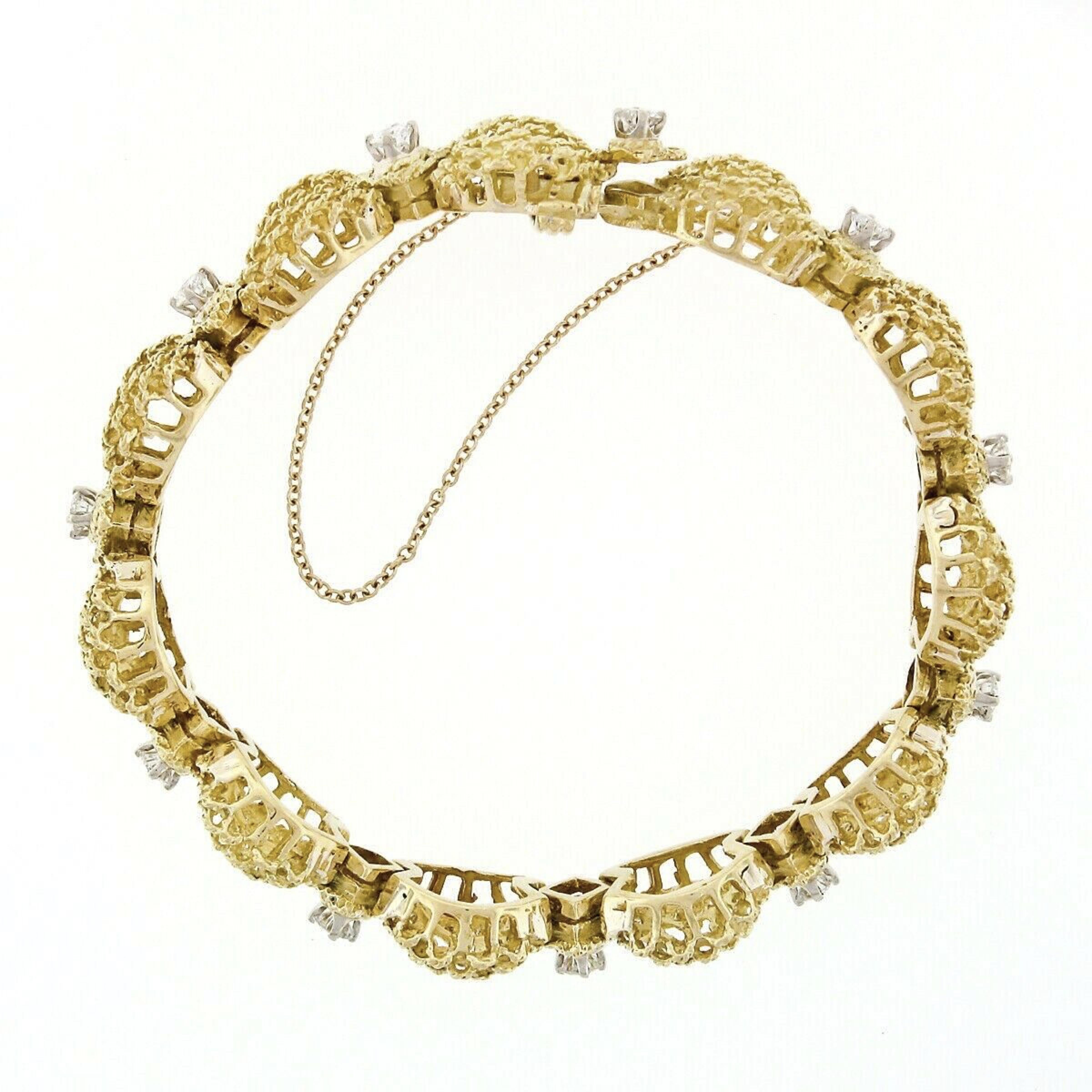 Vintage 18k Gold 1.51ct Diamond Twisted Wire Open Puffed Link Statement Bracelet For Sale 2