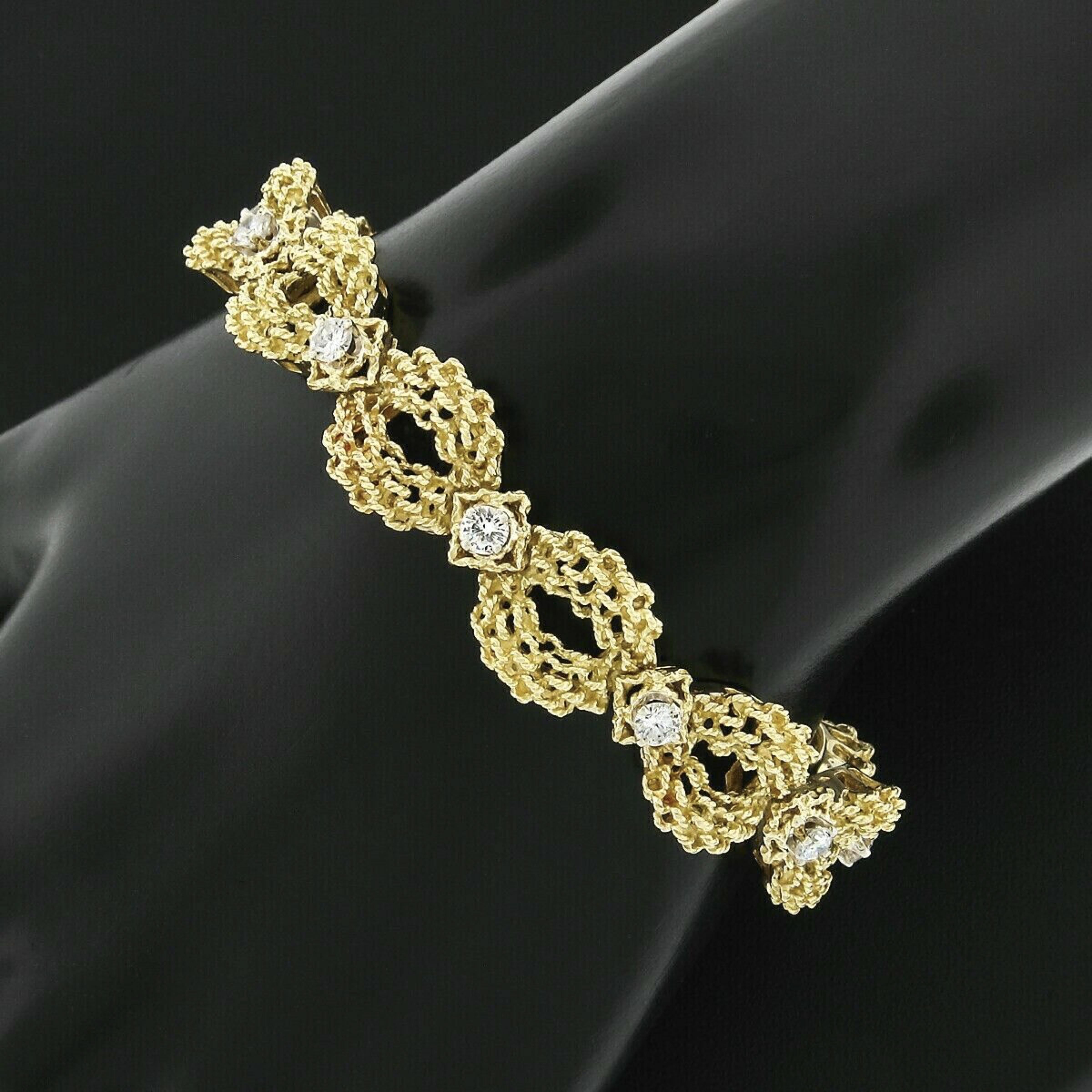 Vintage 18k Gold 1.51ct Diamond Twisted Wire Open Puffed Link Statement Bracelet For Sale 3