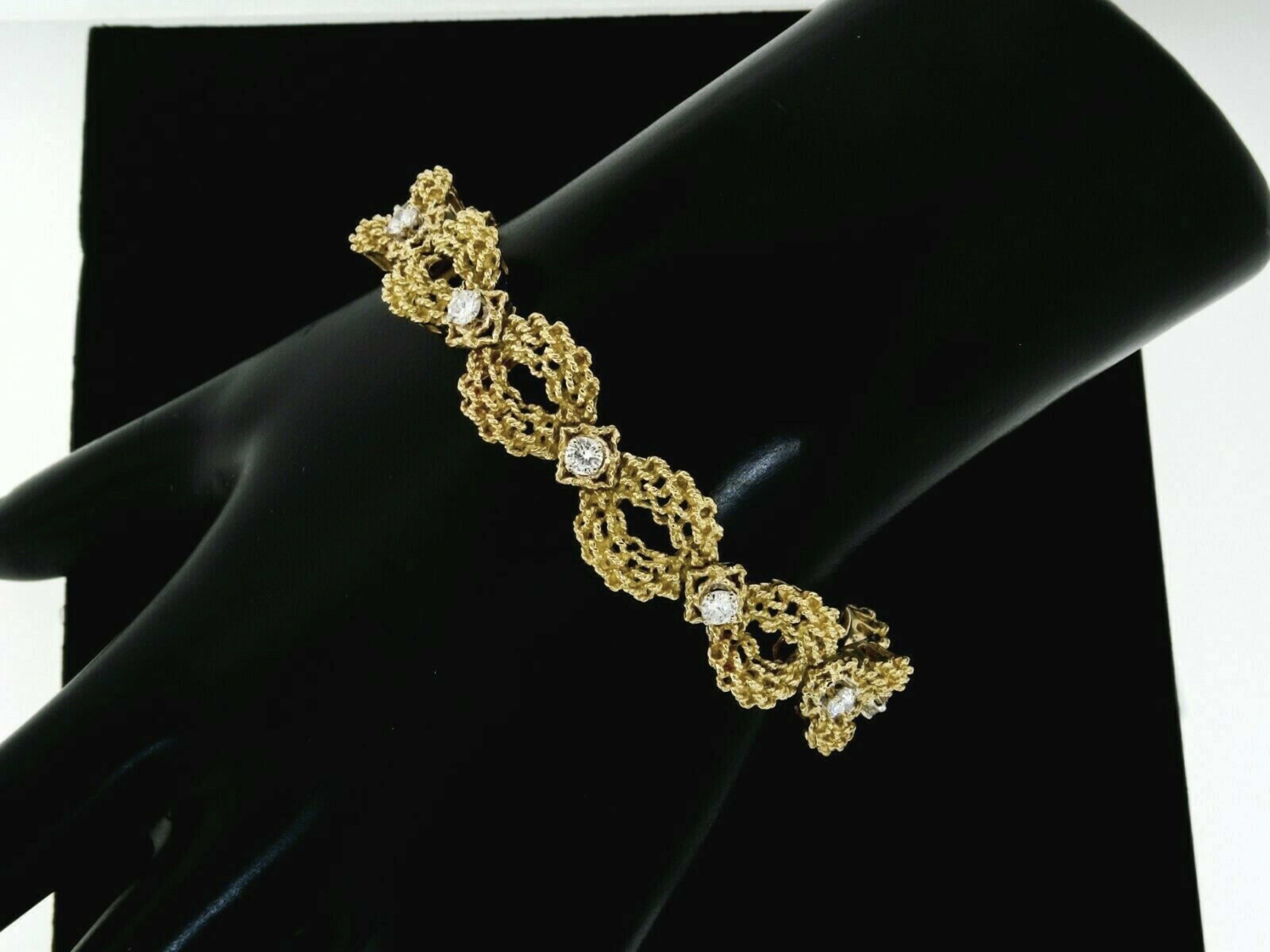 Vintage 18k Gold 1.51ct Diamond Twisted Wire Open Puffed Link Statement Bracelet For Sale 4