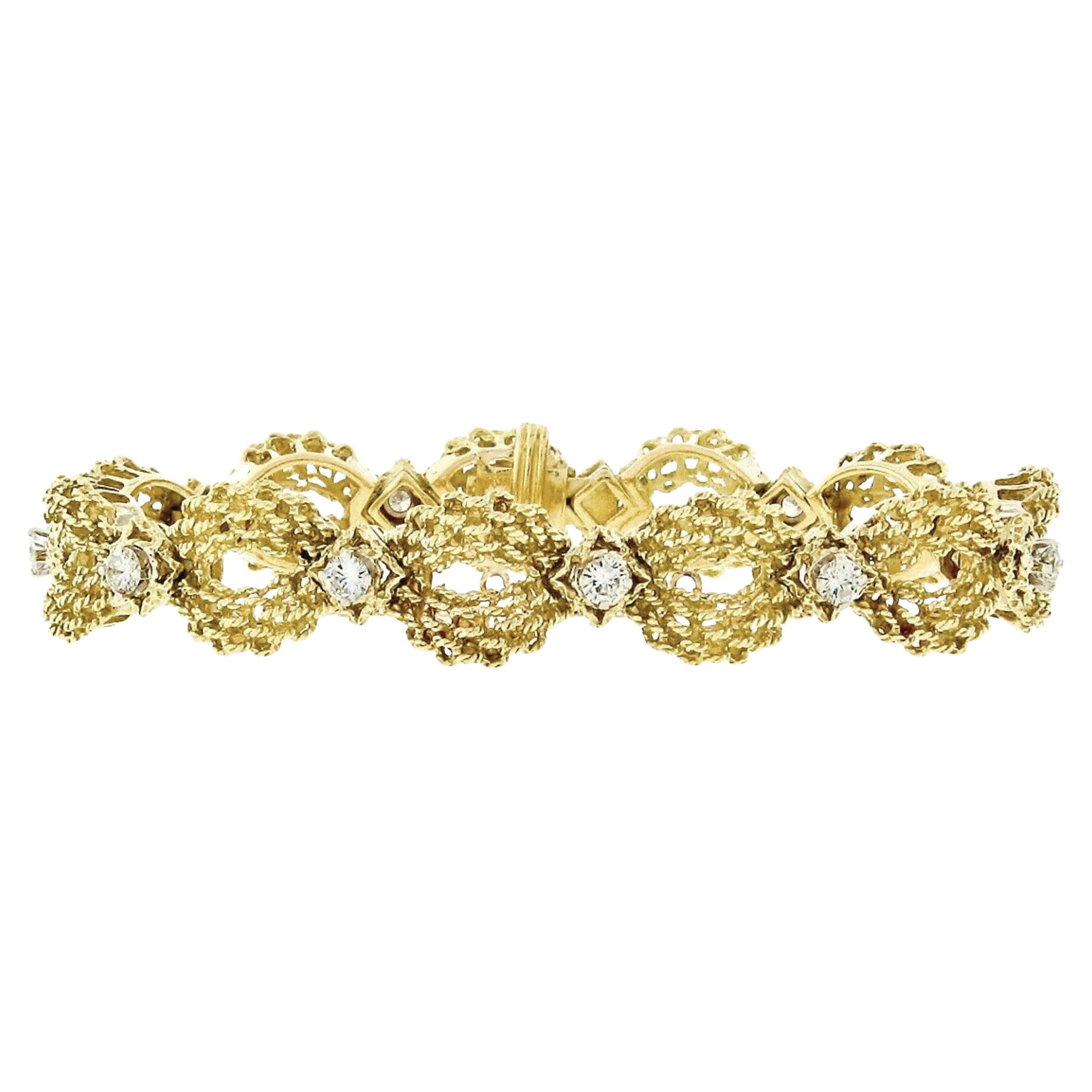 Vintage 18k Gold 1.51ct Diamond Twisted Wire Open Puffed Link Statement Bracelet For Sale