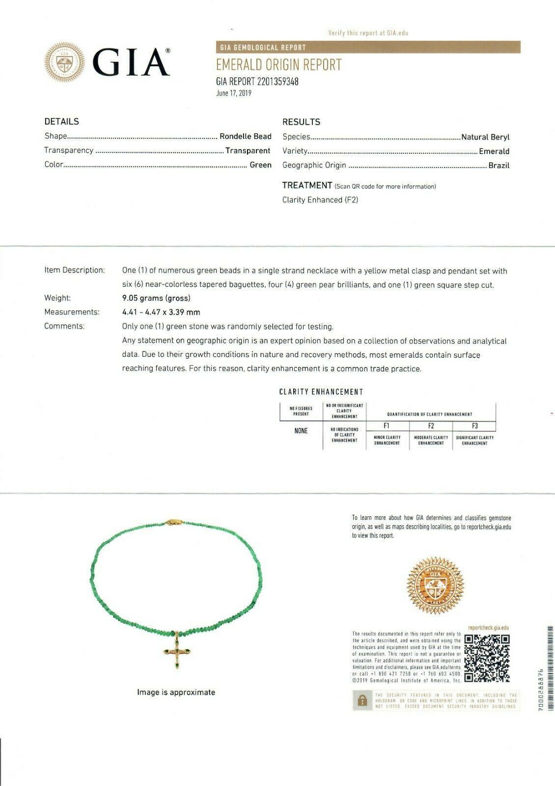 Vintage 18k Gold GIA Emerald Bead Necklace & Channel Diamond Cross Pendant 6