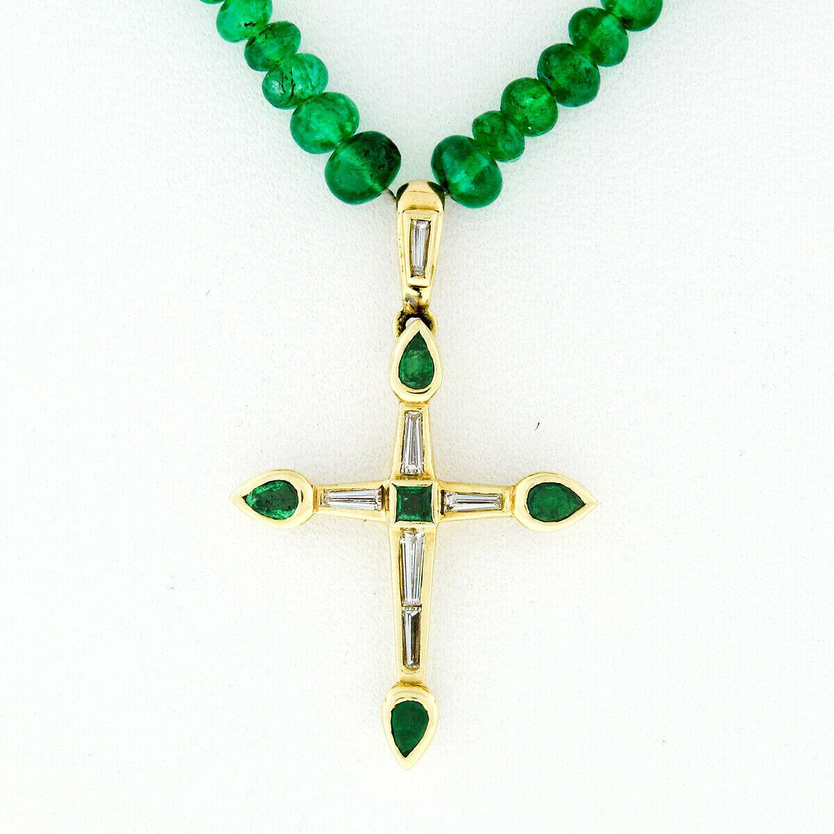 Vintage 18k Gold GIA Emerald Bead Necklace & Channel Diamond Cross Pendant In Good Condition In Montclair, NJ