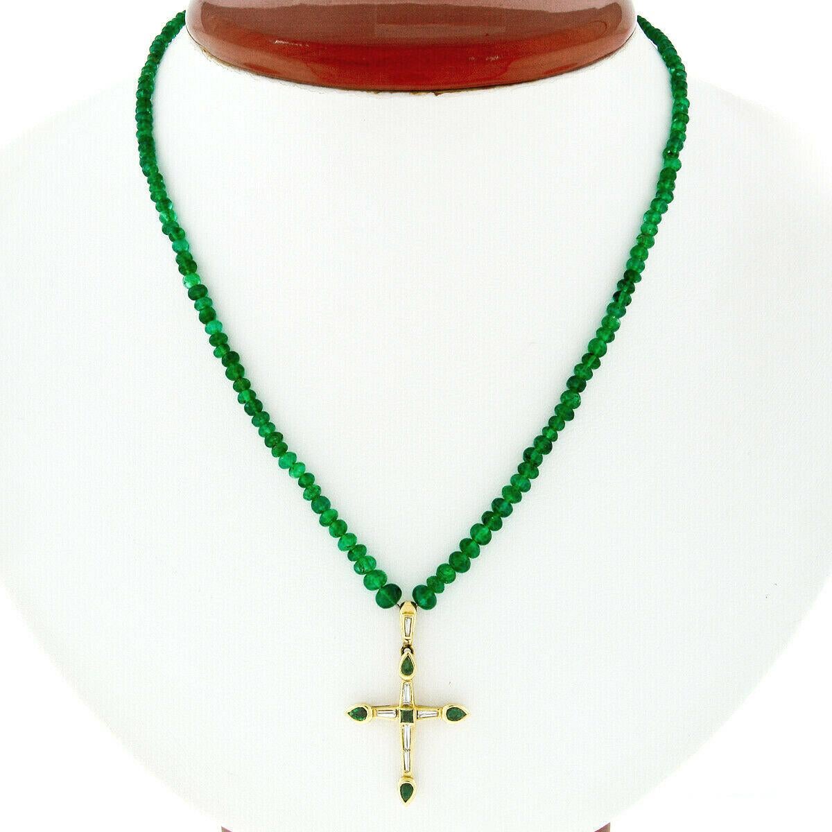 Women's Vintage 18k Gold GIA Emerald Bead Necklace & Channel Diamond Cross Pendant