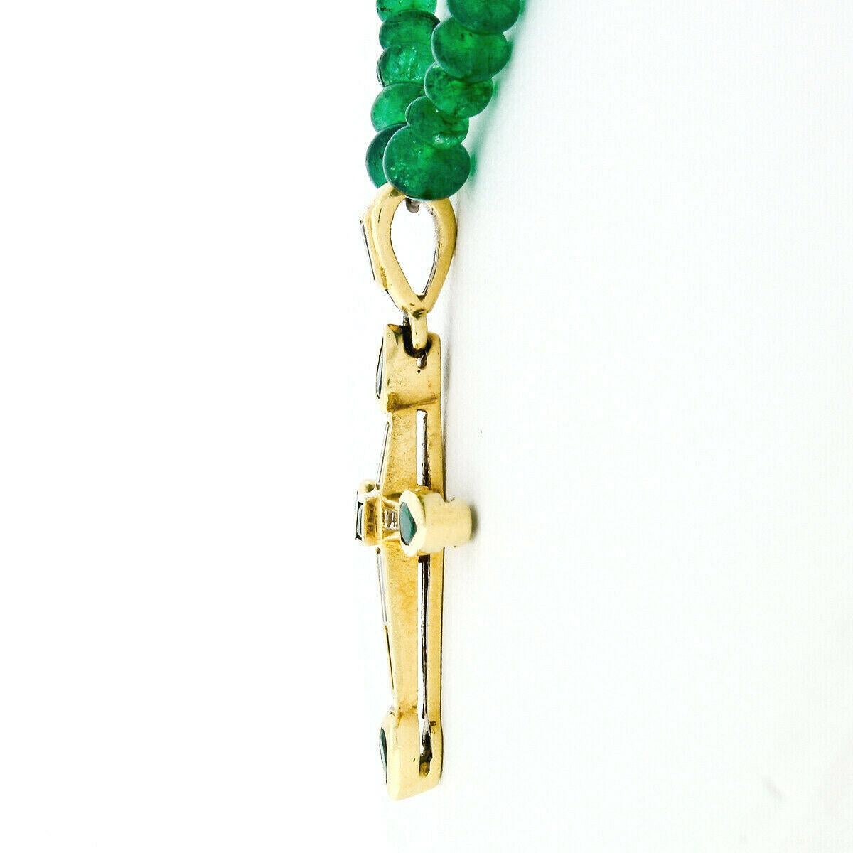 Vintage 18k Gold GIA Emerald Bead Necklace & Channel Diamond Cross Pendant 1