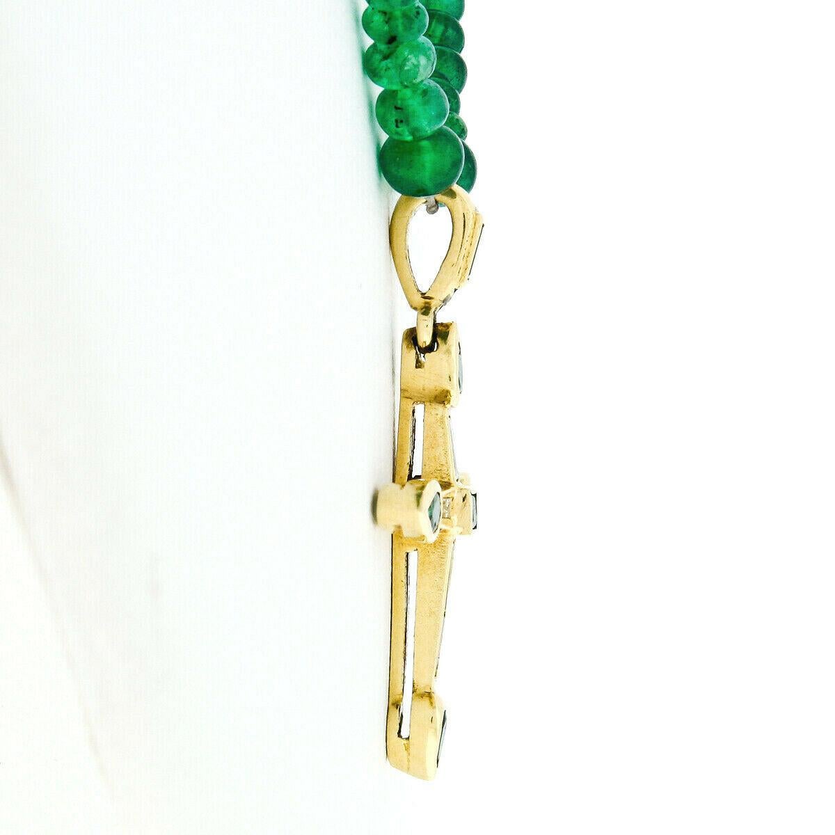 Vintage 18k Gold GIA Emerald Bead Necklace & Channel Diamond Cross Pendant 2