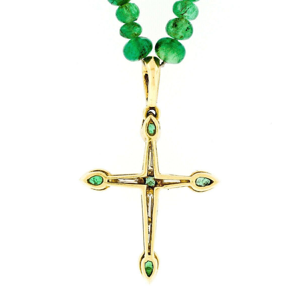 Vintage 18k Gold GIA Emerald Bead Necklace & Channel Diamond Cross Pendant 3