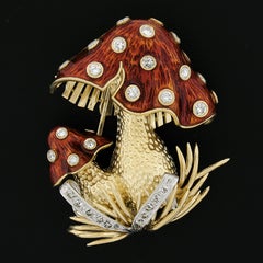 Vintage 18k Gold 1.60ctw Diamond & Enamel Work Detailed Mushroom Pin Brooch