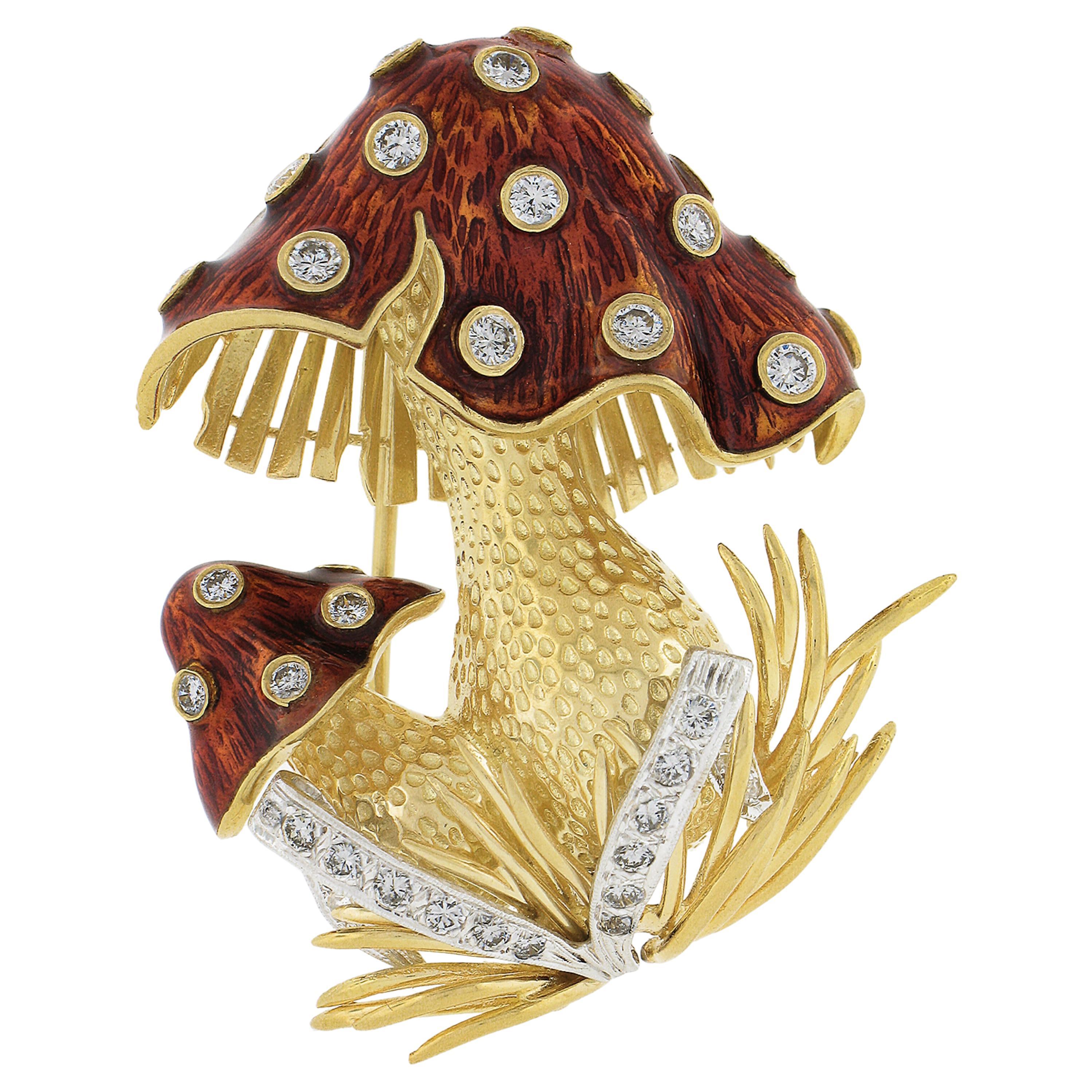 Vintage 18k Gold 1.60ctw Diamond & Enamel Work Detailed Mushroom Pin Brooch For Sale