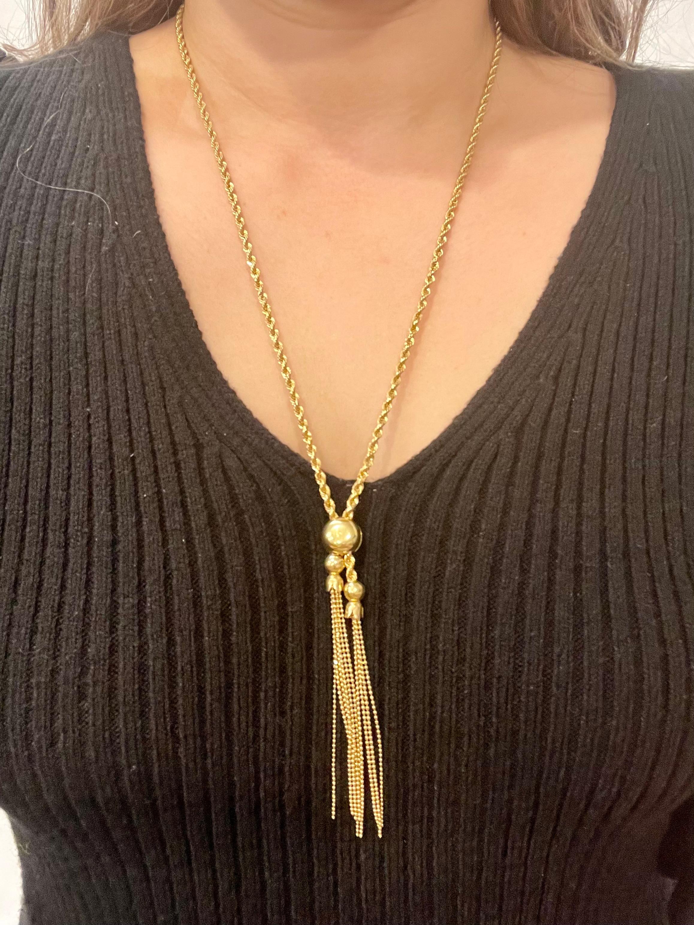 Vintage 18k Gold 18.7 Gm Rope Chain Adjustable Sliding Chain with Ball In Excellent Condition In New York, NY