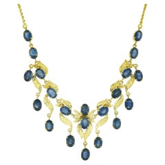 Vintage 18k Gold 18ctw GIA Oval Cornflower Blue Sapphire Leaf Collier Necklace