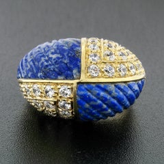 Vintage 18k Gold 1.92ctw Carved Lapis & Round Diamond 4 Section Dome Bombe Ring