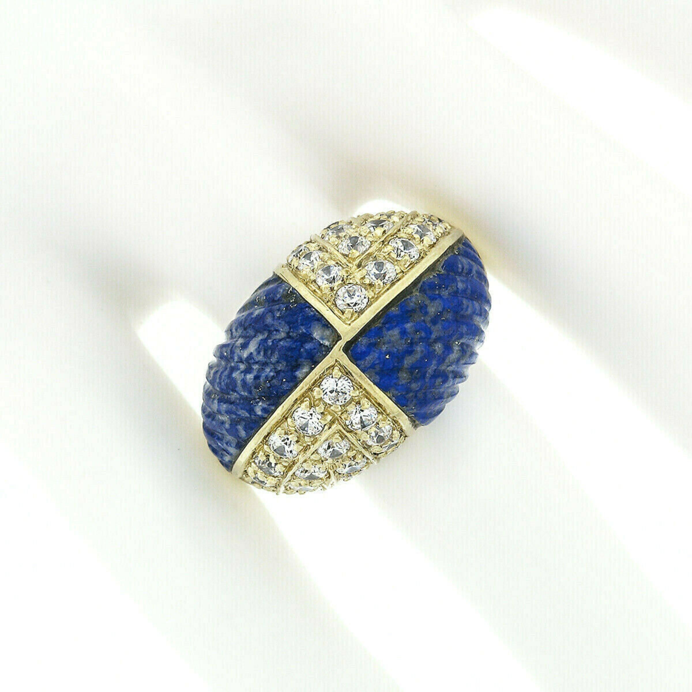 Round Cut Vintage 18k Gold 1.92ctw Carved Lapis & Round Diamond 4 Section Dome Bombe Ring For Sale