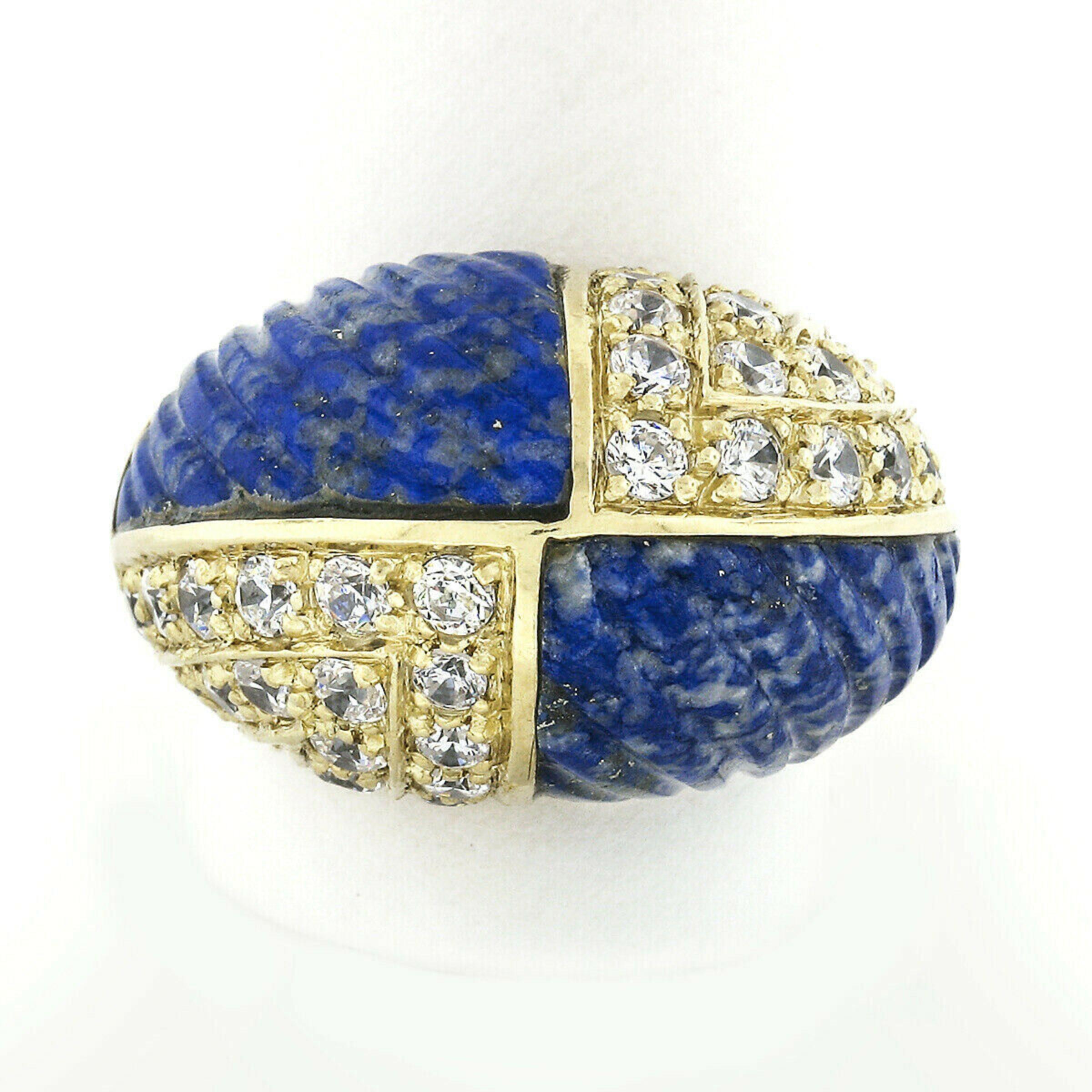 Vintage 18k Gold 1.92ctw Carved Lapis & Round Diamond 4 Section Dome Bombe Ring In Good Condition For Sale In Montclair, NJ
