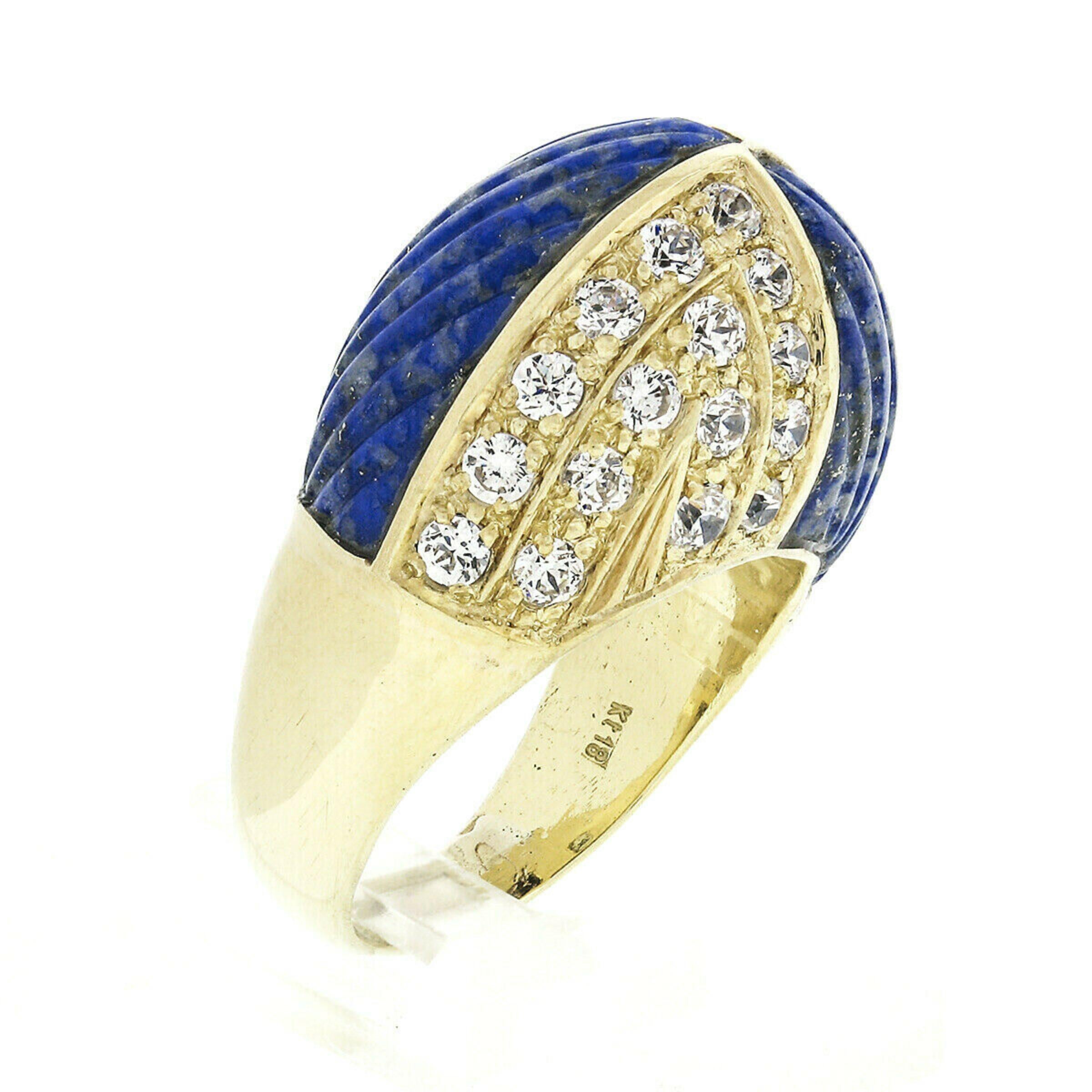 Women's or Men's Vintage 18k Gold 1.92ctw Carved Lapis & Round Diamond 4 Section Dome Bombe Ring For Sale