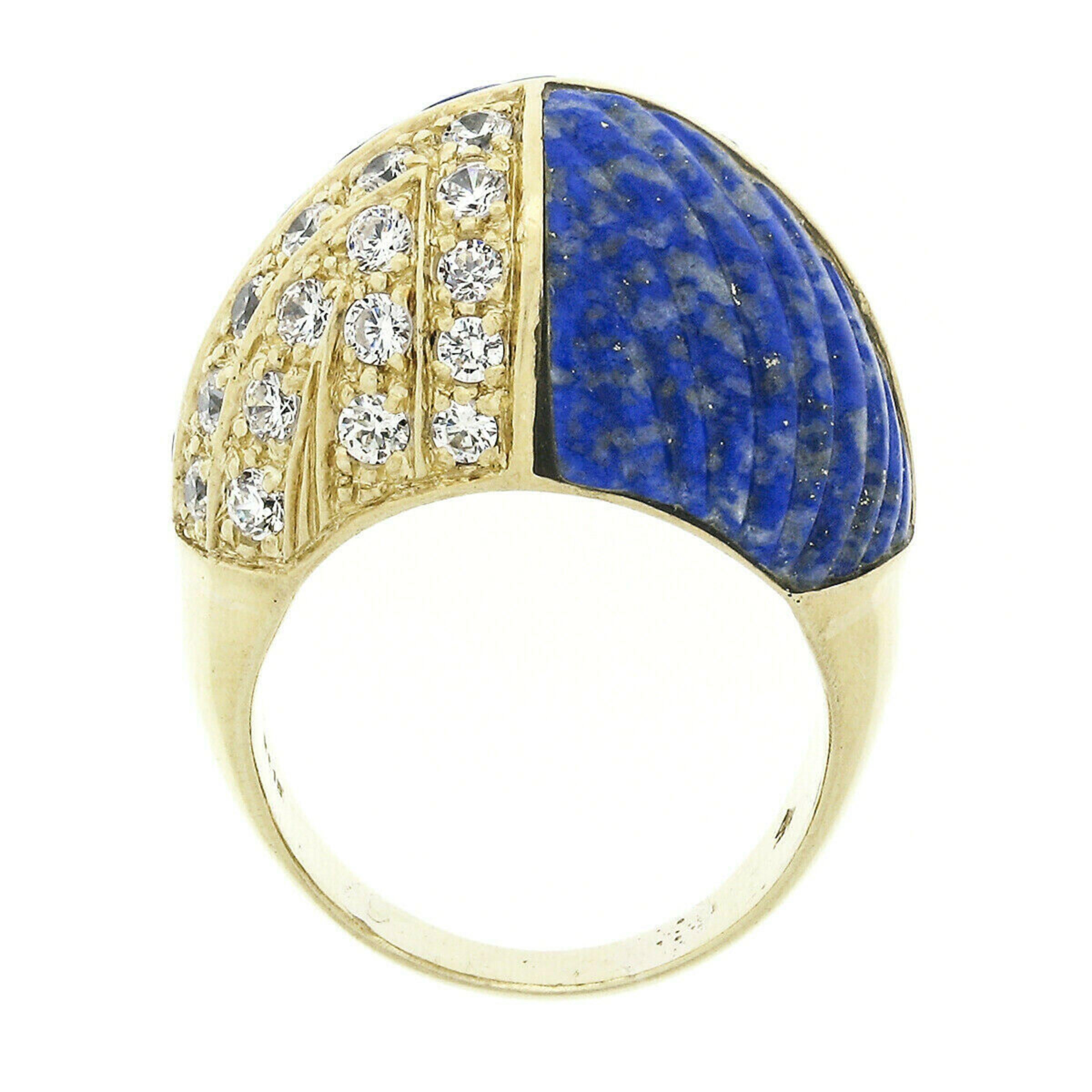 Vintage 18k Gold 1.92ctw Carved Lapis & Round Diamond 4 Section Dome Bombe Ring For Sale 1