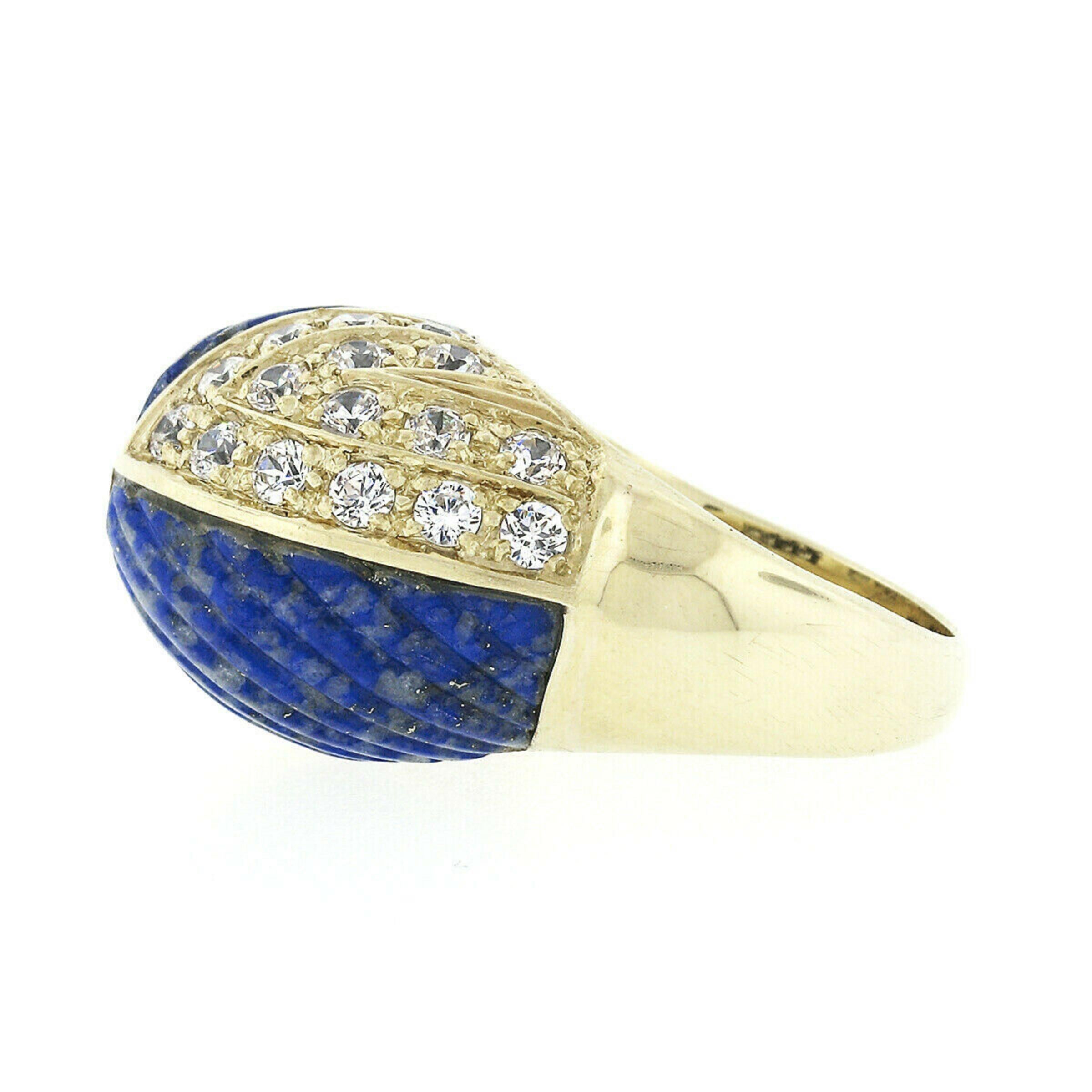 Vintage 18k Gold 1.92ctw Carved Lapis & Round Diamond 4 Section Dome Bombe Ring For Sale 2