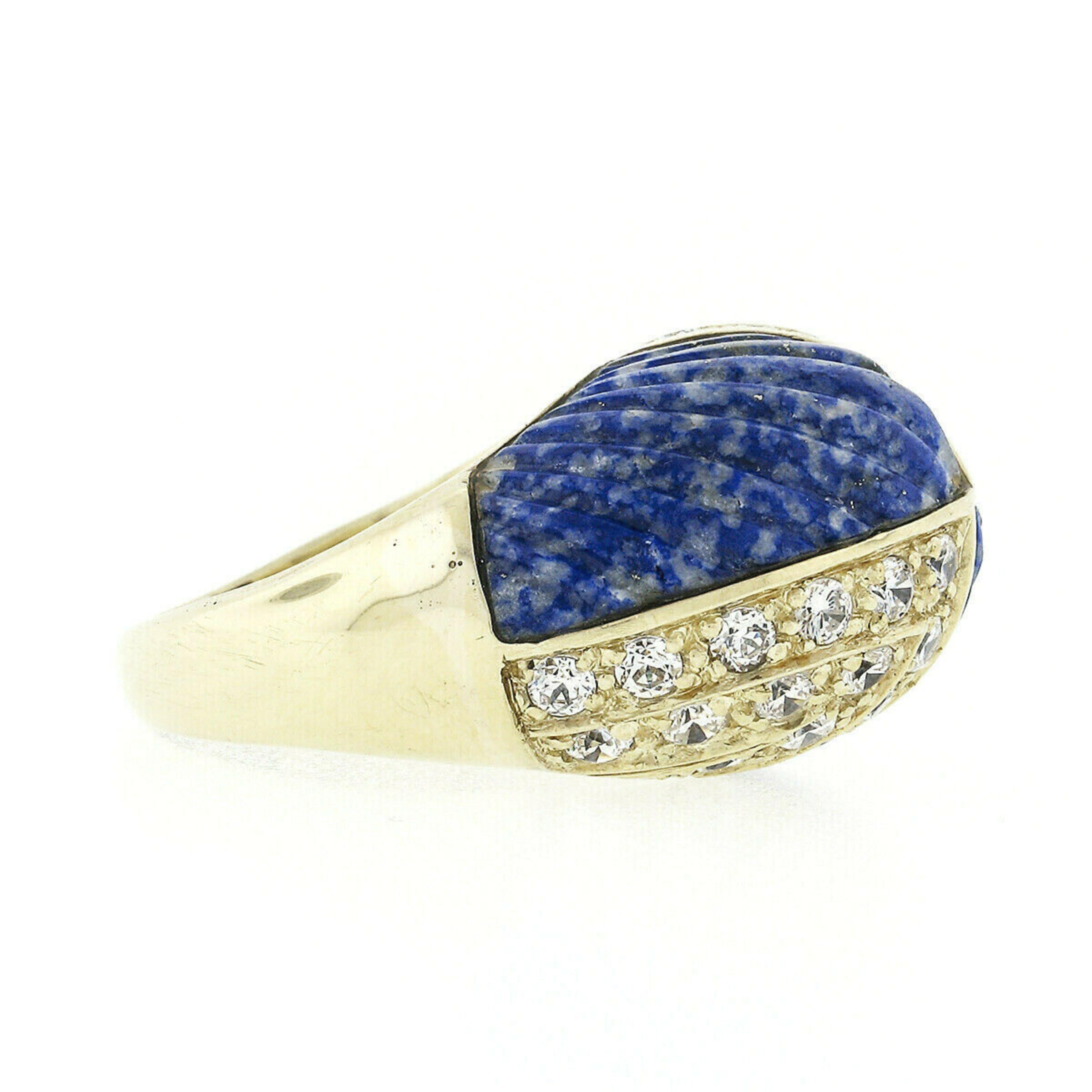 Vintage 18k Gold 1.92ctw Carved Lapis & Round Diamond 4 Section Dome Bombe Ring For Sale 3