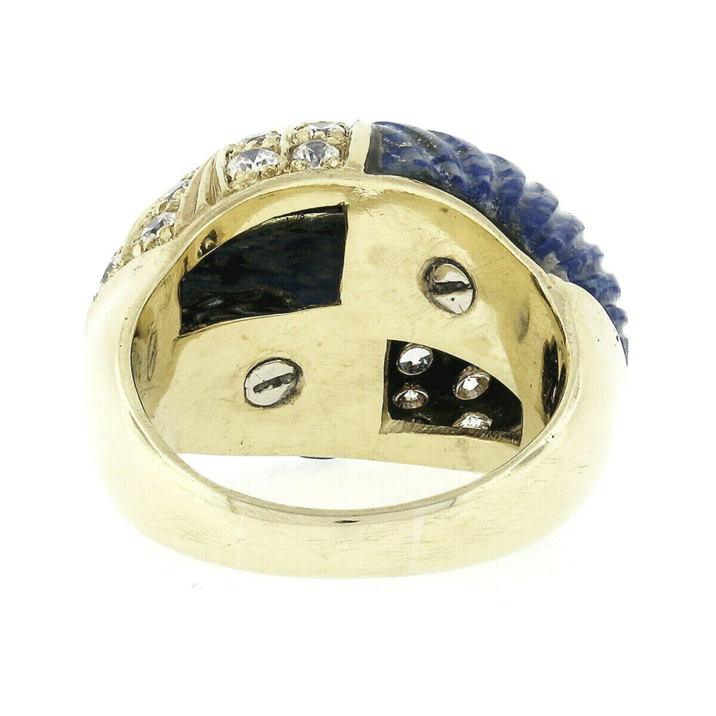 Vintage 18k Gold 1.92ctw Carved Lapis & Round Diamond 4 Section Dome Bombe Ring For Sale 4