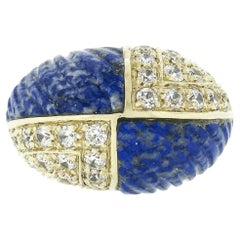 Anello vintage in oro 18 carati con lapis intagliato e diamanti rotondi a 4 sezioni a cupola