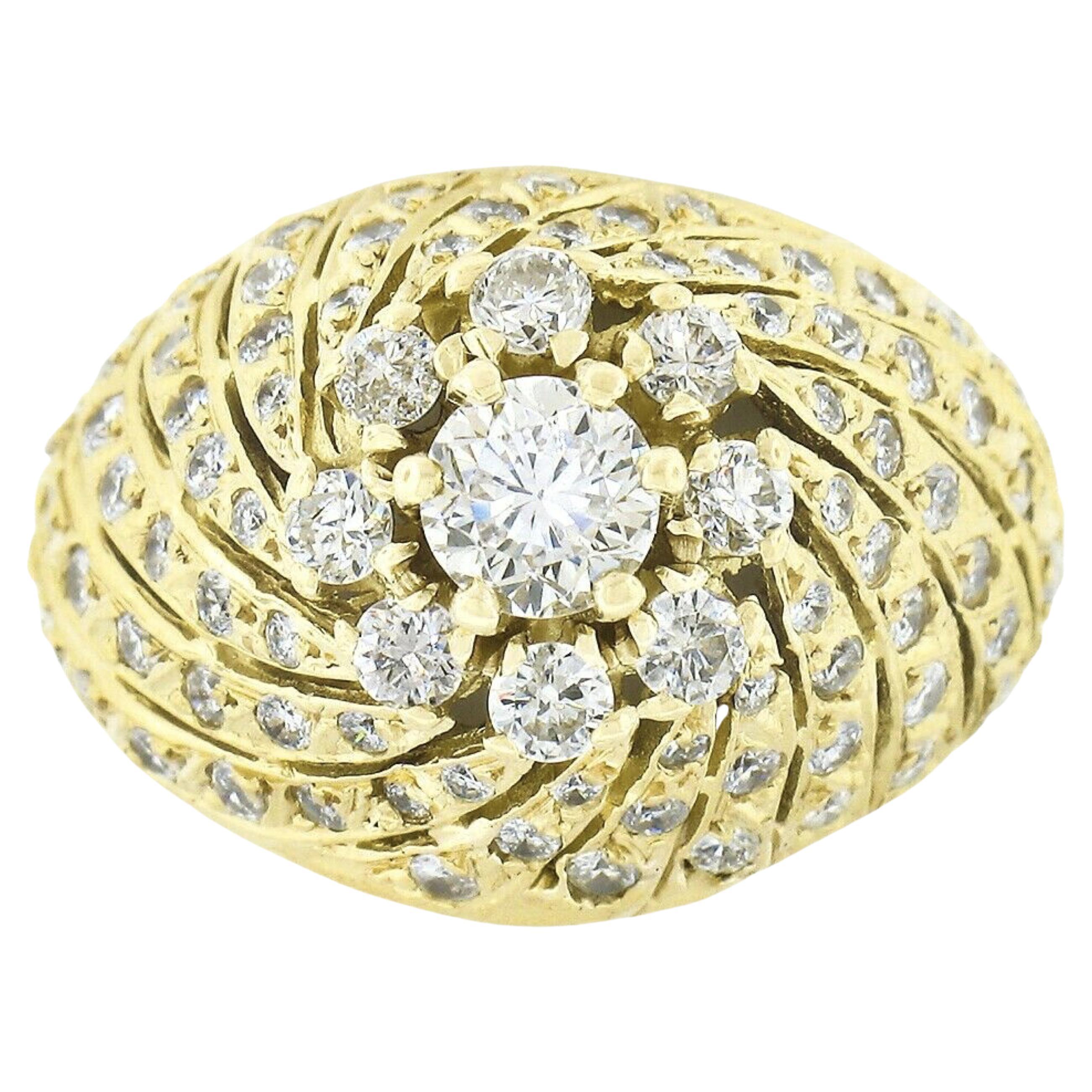 Vintage 18k Gold 1.93ct Round Diamond Cluster Top High Swirl Domed Cocktail Ring