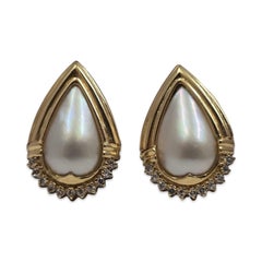Vintage 18K Gold 19.75mm Baroque Pearl & Old-Cut Diamond Statement Earrings