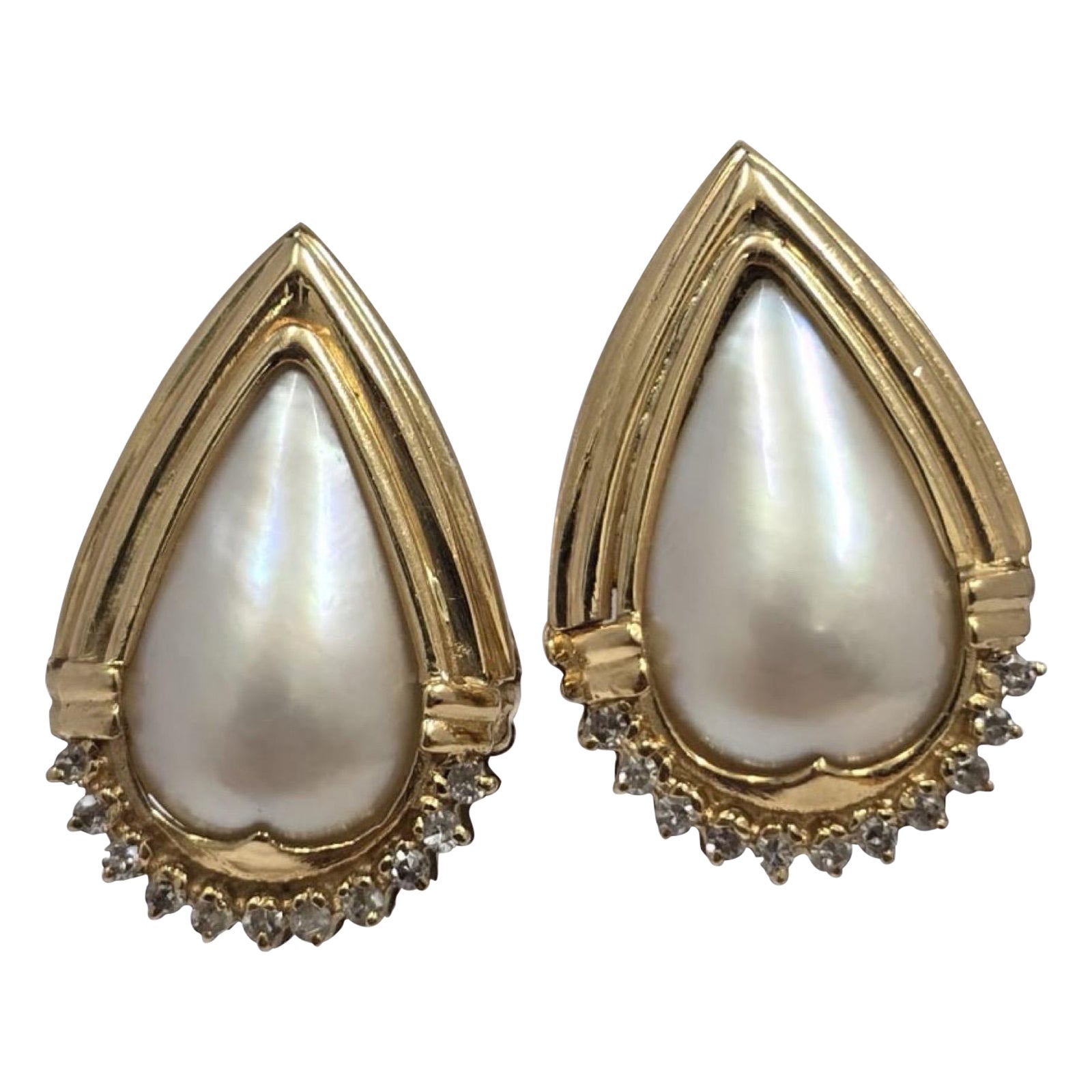 Boucles d
oreilles vintage en or 18K avec perles baroques et diamants taille ancienne, 19.75mm