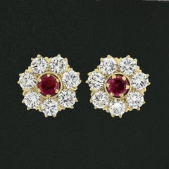 Vintage 18k Gold 1.98ctw Red Ruby Solitaire Diamond Flower Cluster Stud Earrings