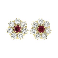 Vintage 18k Gold 1.98ctw Red Ruby Solitaire Diamond Flower Cluster Stud Earrings