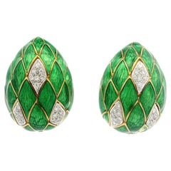 Vintage 18k Gold 1ctw Diamond w/ Green Enamel Textured Large Egg Shape Earrings