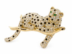 Vintage 18k Gold 20.16ctw Black & White Diamonds Panther Leopard Brooch