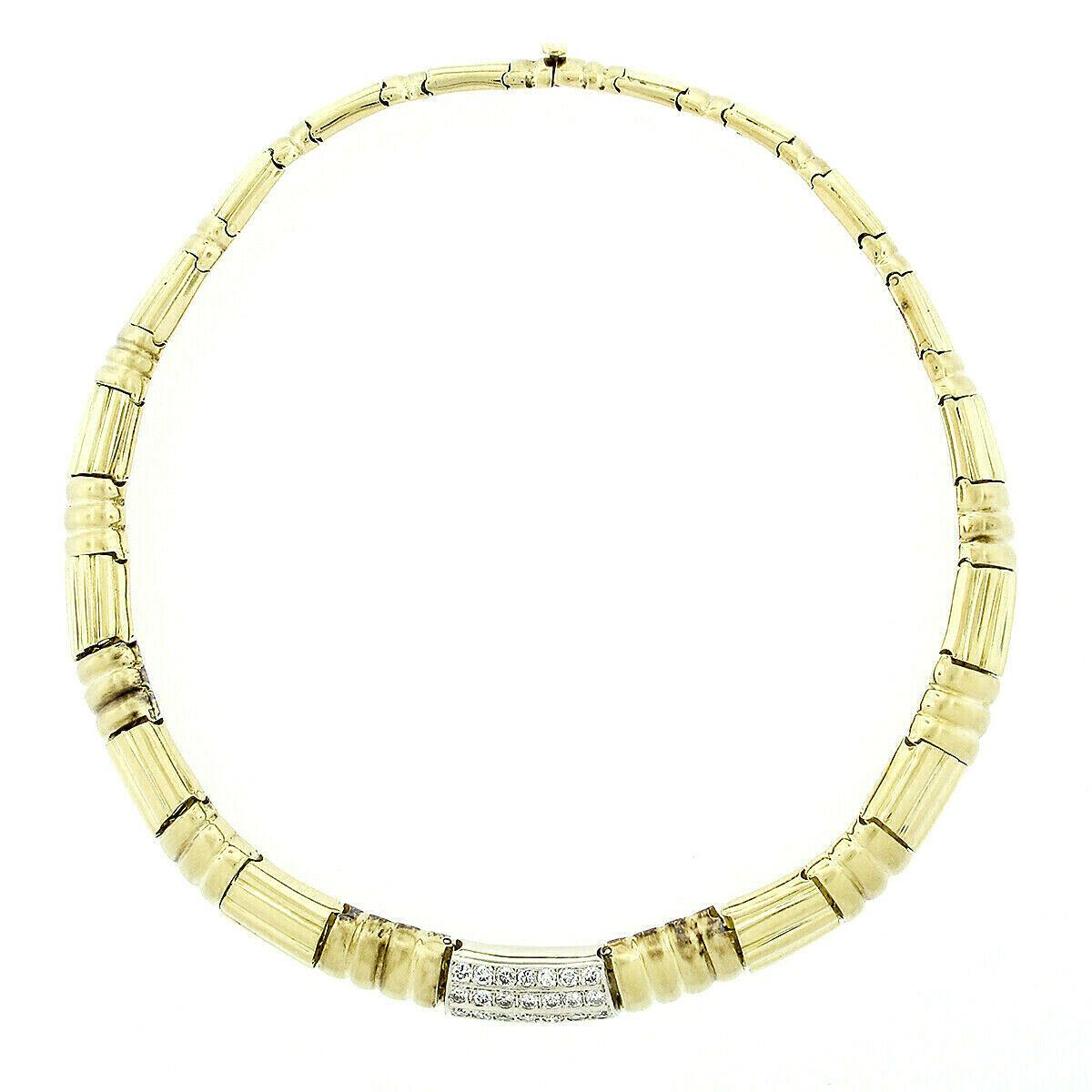 Women's Vintage 18K Gold 2.20ct Brilliant Diamond Grooved Link Collar Statement Necklace