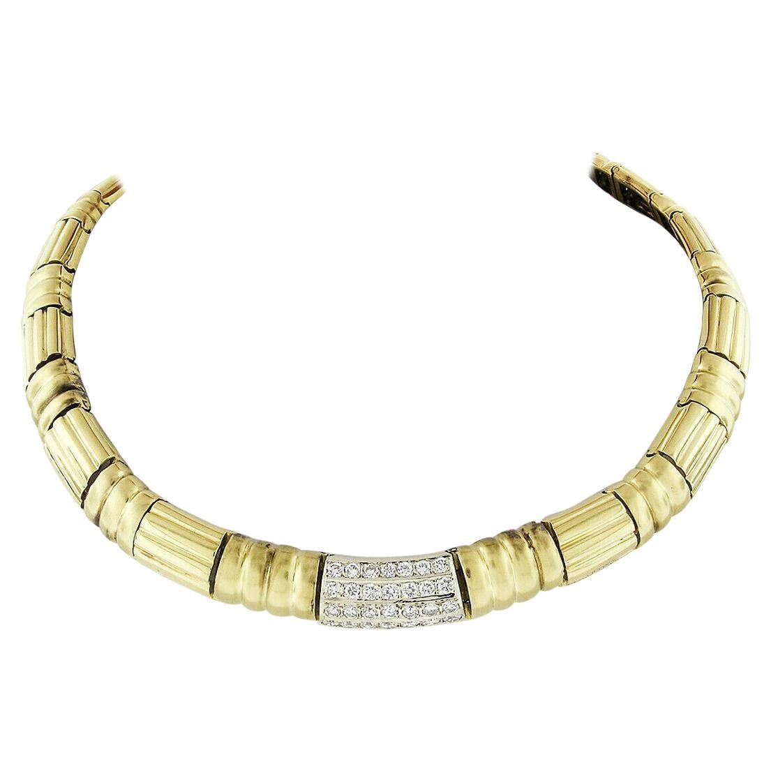 Vintage 18K Gold 2.20ct Brilliant Diamond Grooved Link Collar Statement Necklace